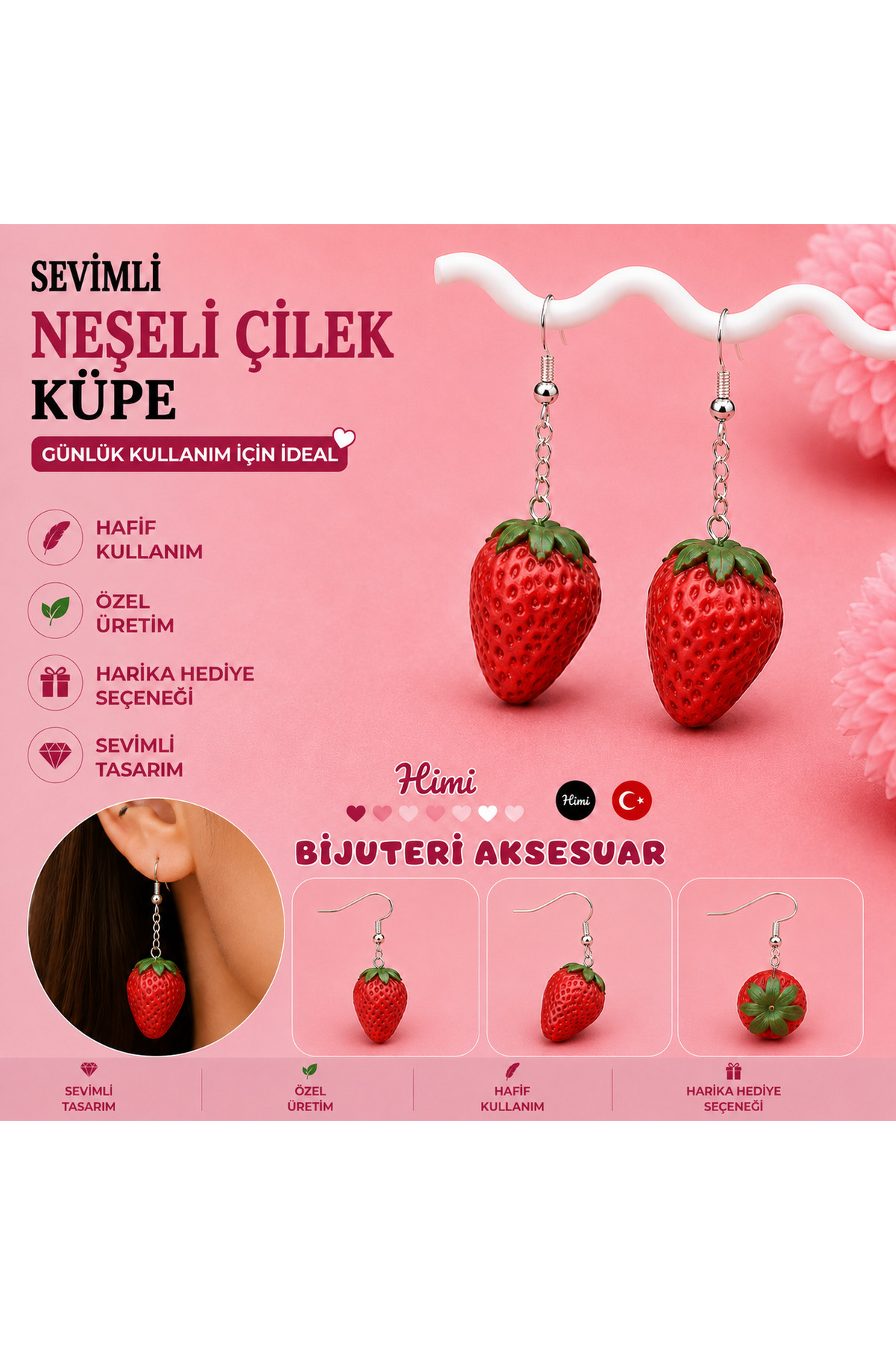 Neşeli Sevimli Meyve Figürlü Çilek Sallantılı Küpe Hafif Tasarım Günlük Kullanım Bijuteri Çocuk Küpesi