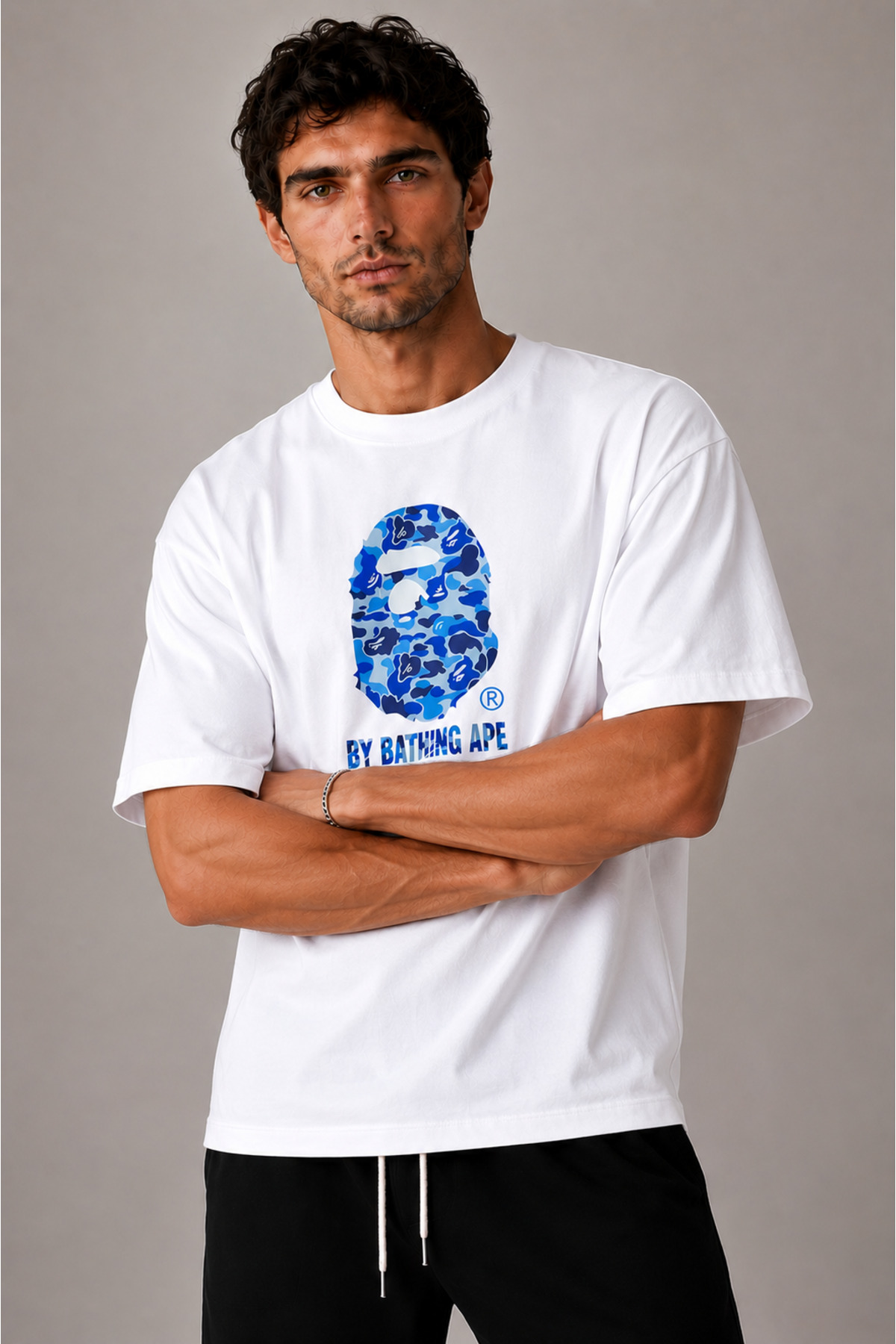 THE RULE Unisex Bathing Ape Mavi Baskılı Oversize %100 Pamuk Geniş Kesim Dokulu Bisiklet Yaka Beyaz T-Shirt görsel 3