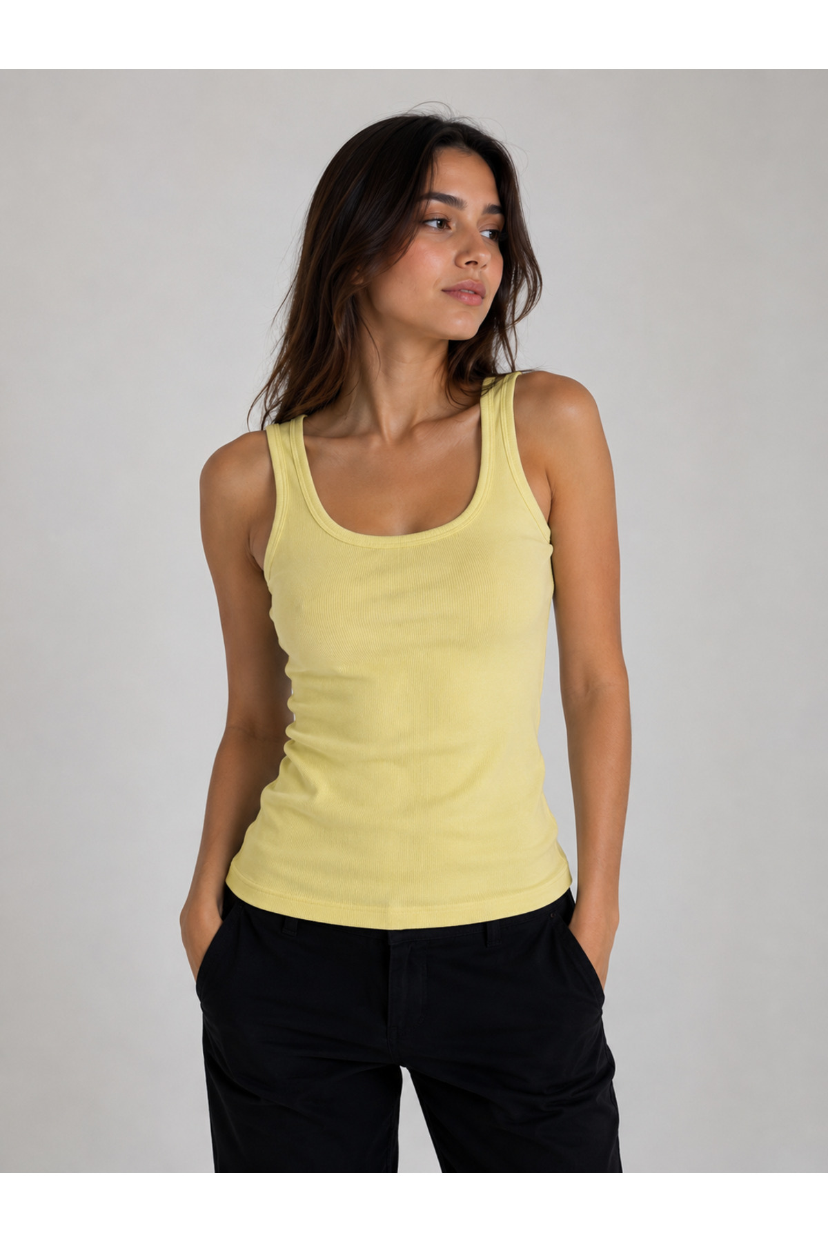 HELMİRA Kadın Limon Sarısı Askılı Kaşkorse Kumaş Fitilli Görünümlü Slim-Fit Basic Bluz-Atlet