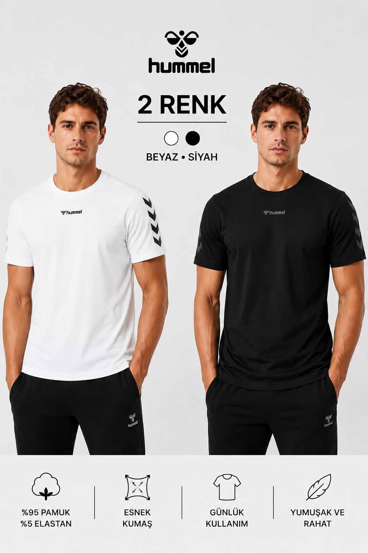 hummel Erkek 2'li Spor Tişört Paketi Basic Pamuklu Siyah Beyaz