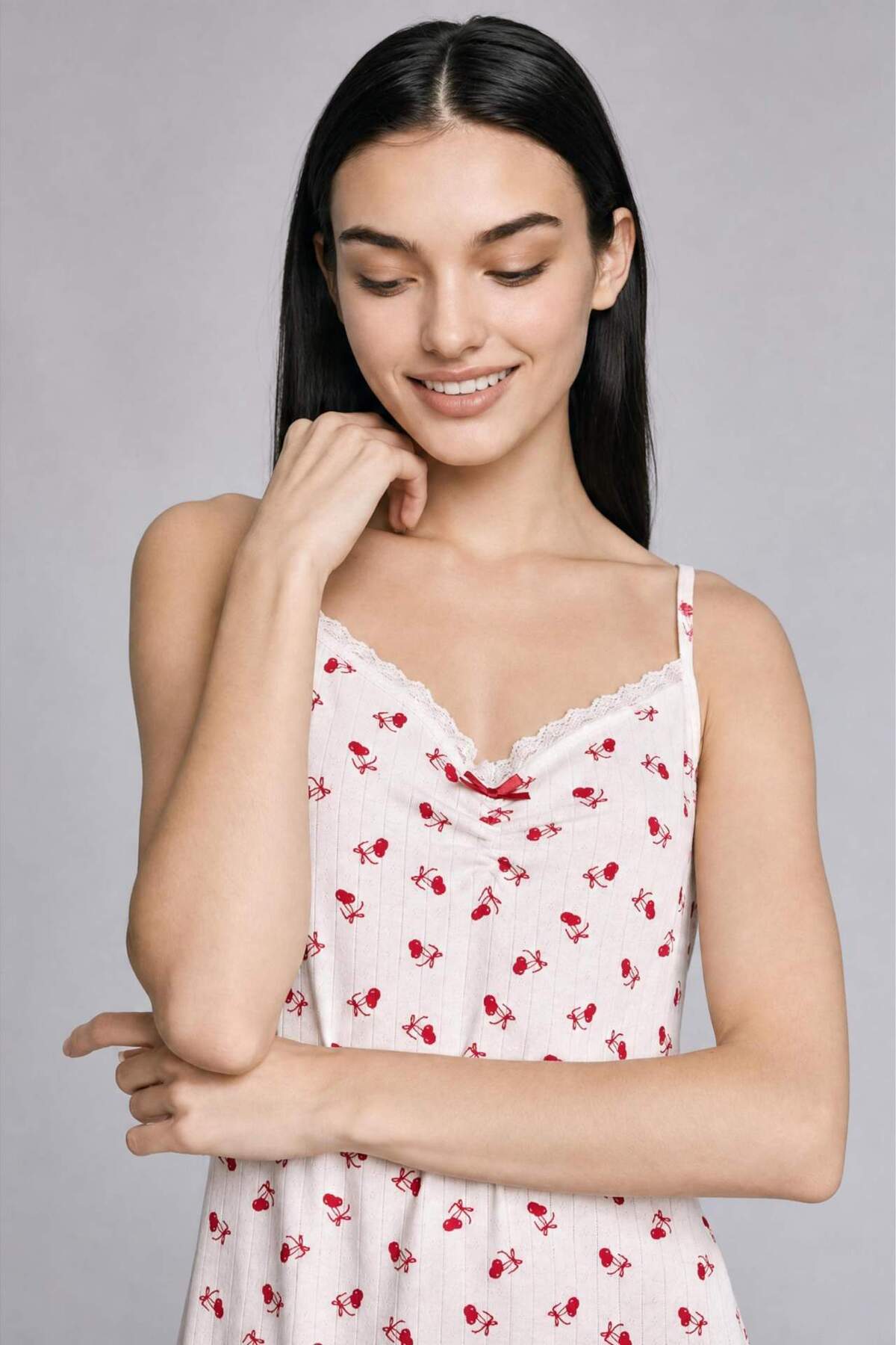 DeFacto Regular Fit V Yaka Askılı Ekru Gecelik H7394AX26HS görsel 6