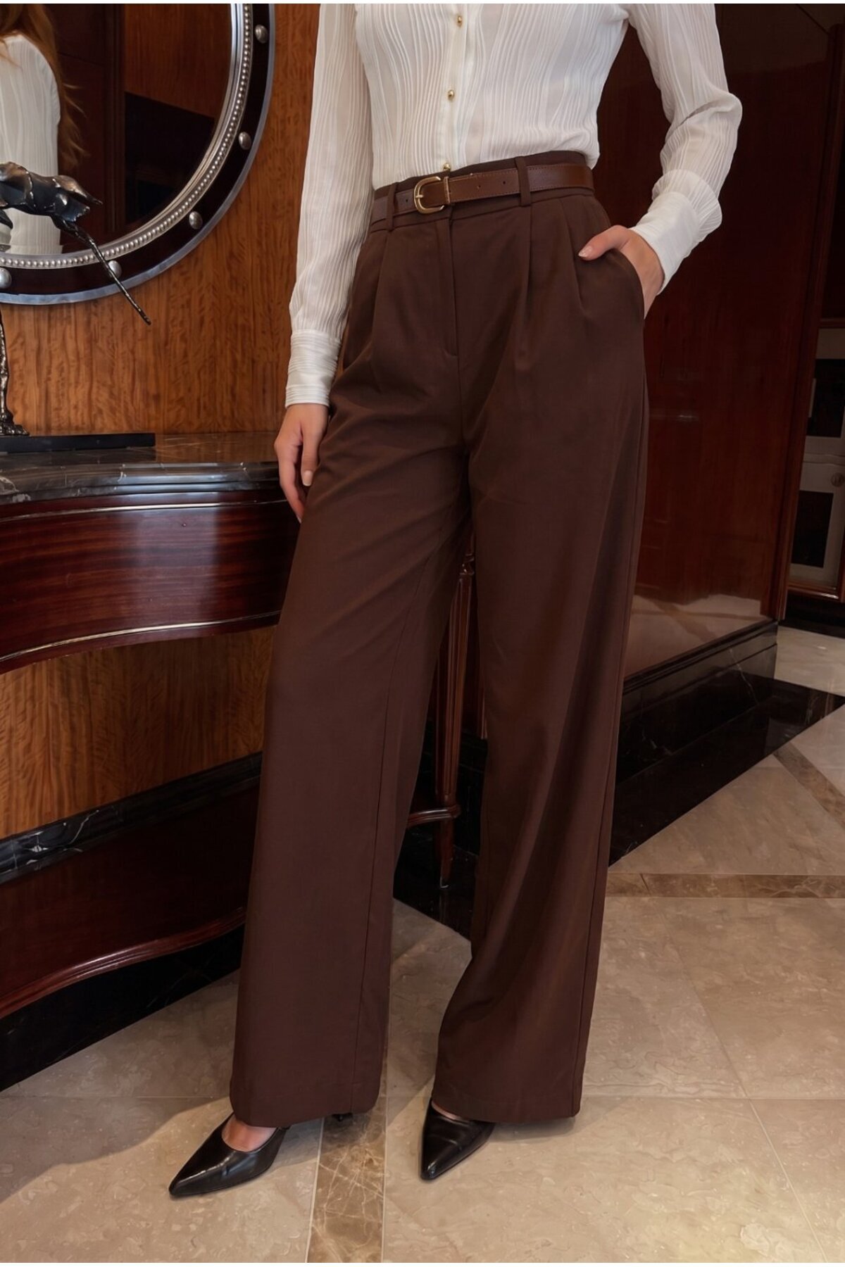 Kemerli Oversize Geniş Paça Palazzo Kumaş Pantolon KAHVE 5
