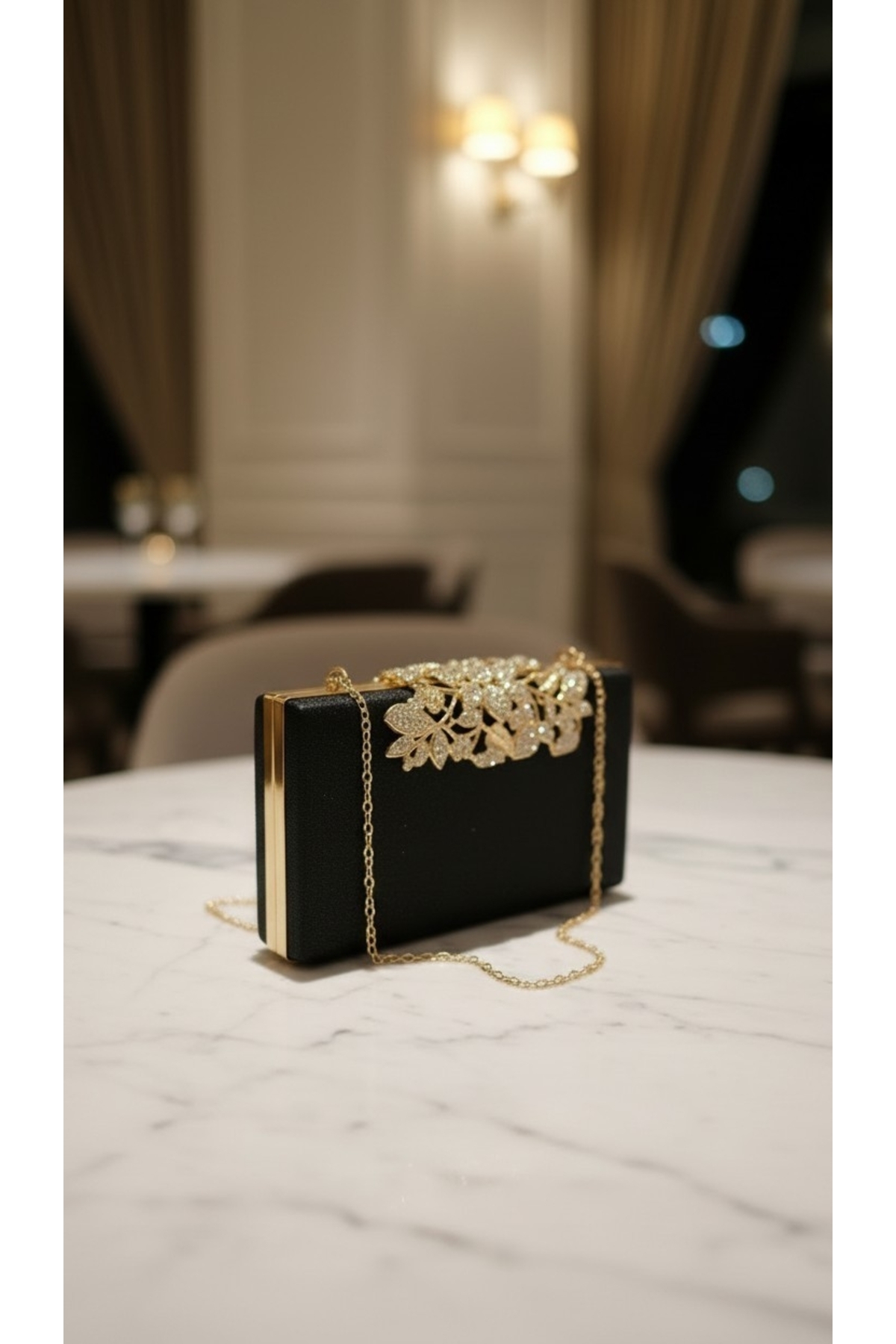 Dilora Lüks Görünümlü Gold Taş İşlemeli Siyah Kadın Abiye Çanta Işıltılı Clutch Portföy Düğün Nişan Gece Davet Çantası görsel 2