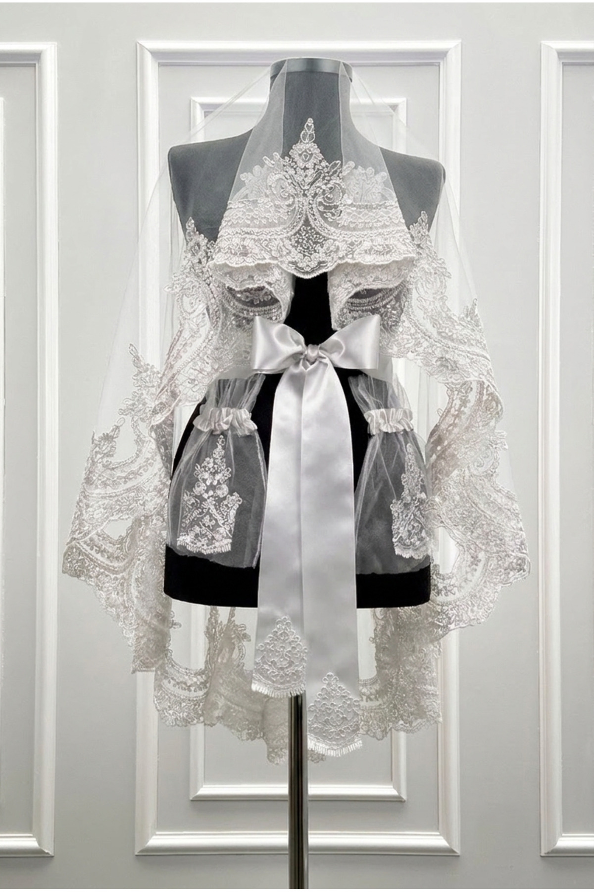 White Bridal Veil Set, Sultan Pattern Luminous Guipure