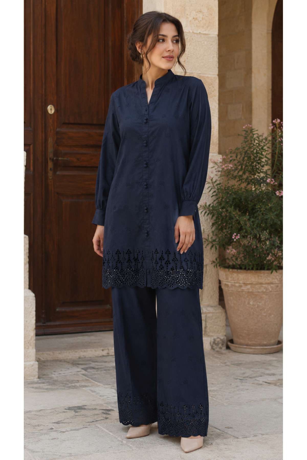 Libas lab - Navy Blue Embroidered Tunic & Wide-Leg Pants Co-ord Set