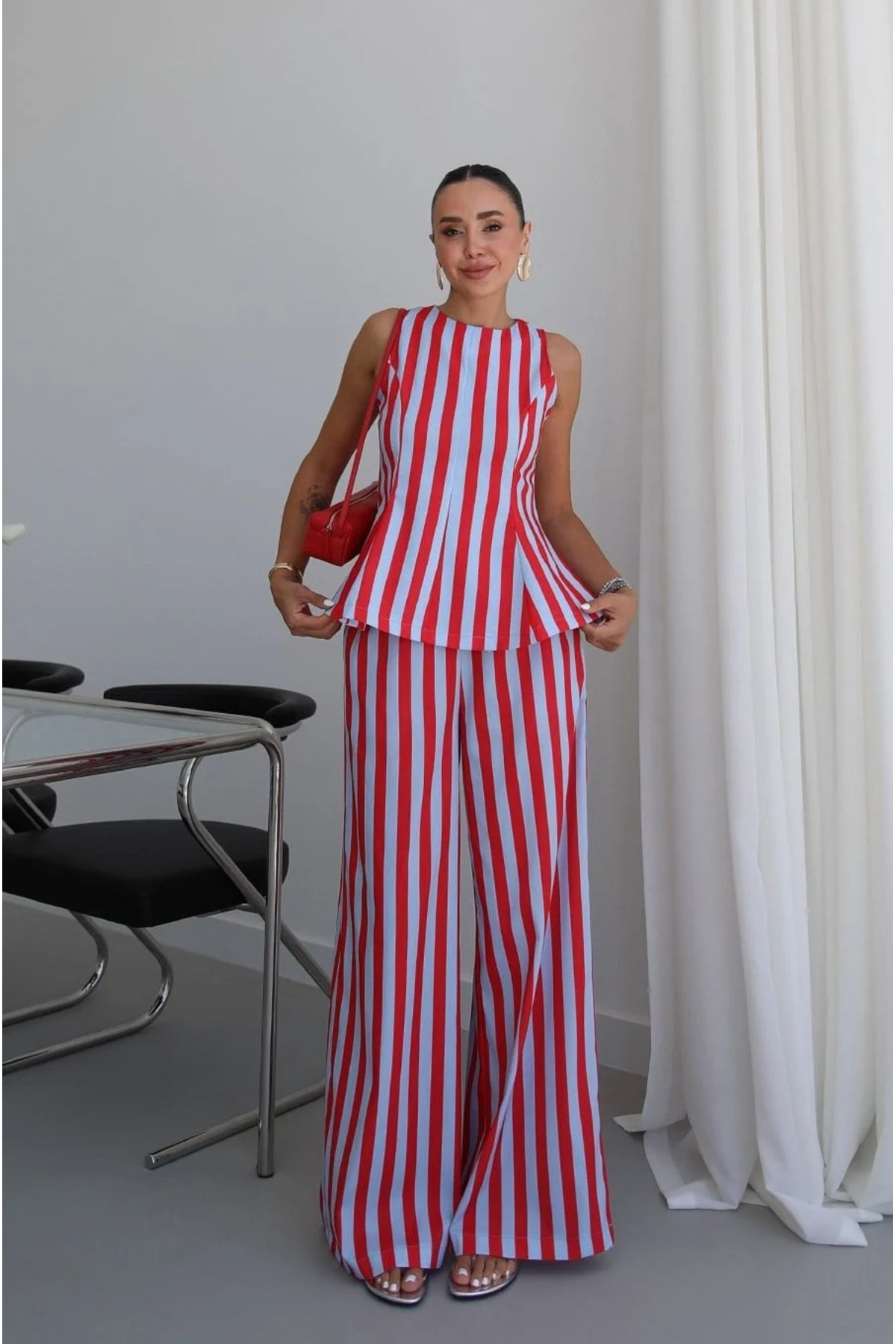 My Blog Blau-Rot gestreiftes Blusen-Hosen-Set - 30460