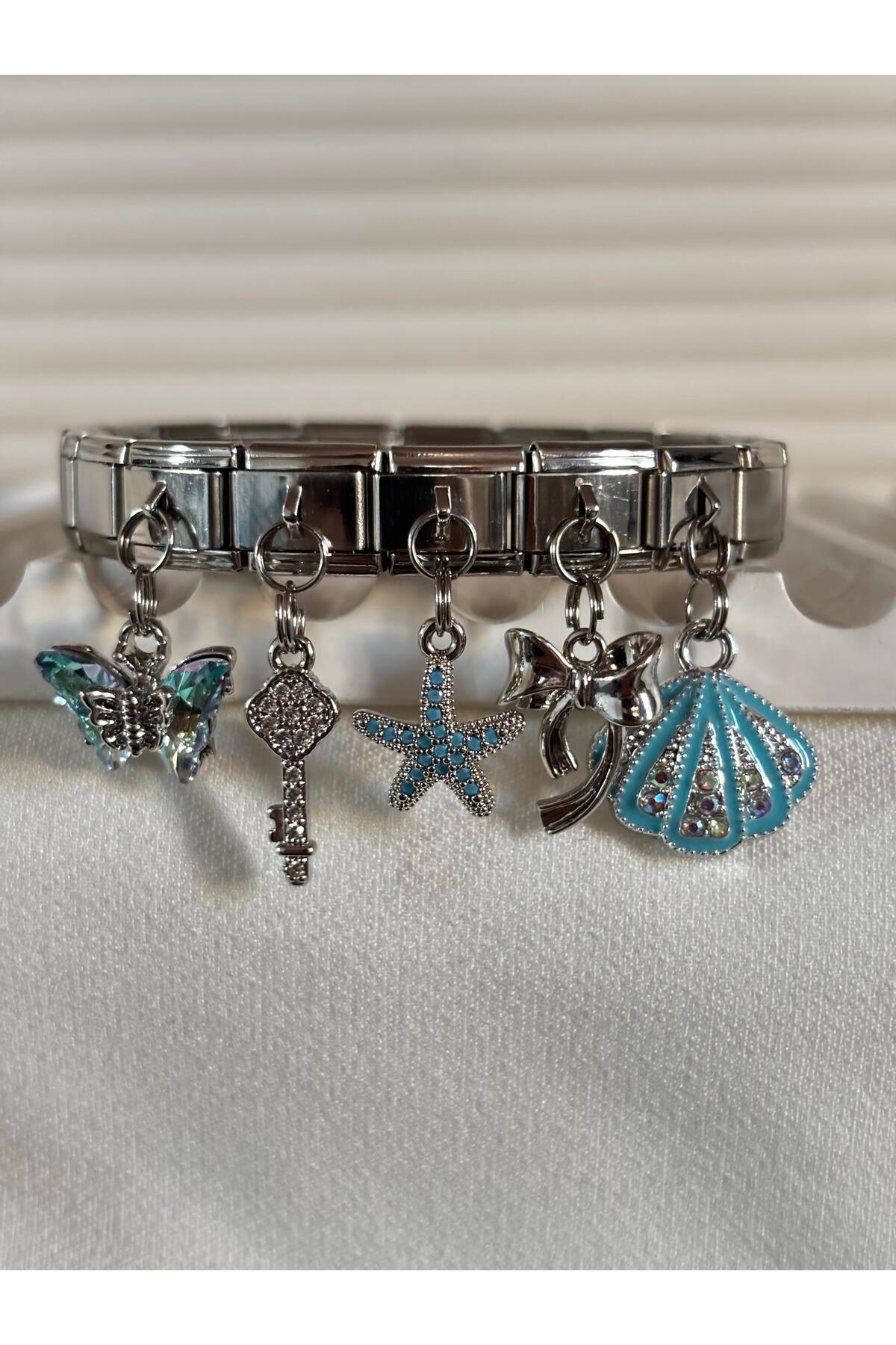 bijoux uniques yeni sezon kelebek anahtar yıldız kurdele deniz kabuğu charmlı çelik italyan bileklik