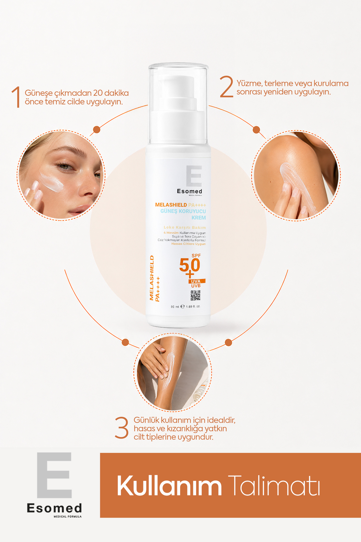 Melashield Kore Parıltısı Güneş Kremi SPF 50+ Göz Yakmayan Suya ve Tere Dayanıklı UVA/UVB Koruma 50ml — Melashield-esomed — تصویر 3 از 8