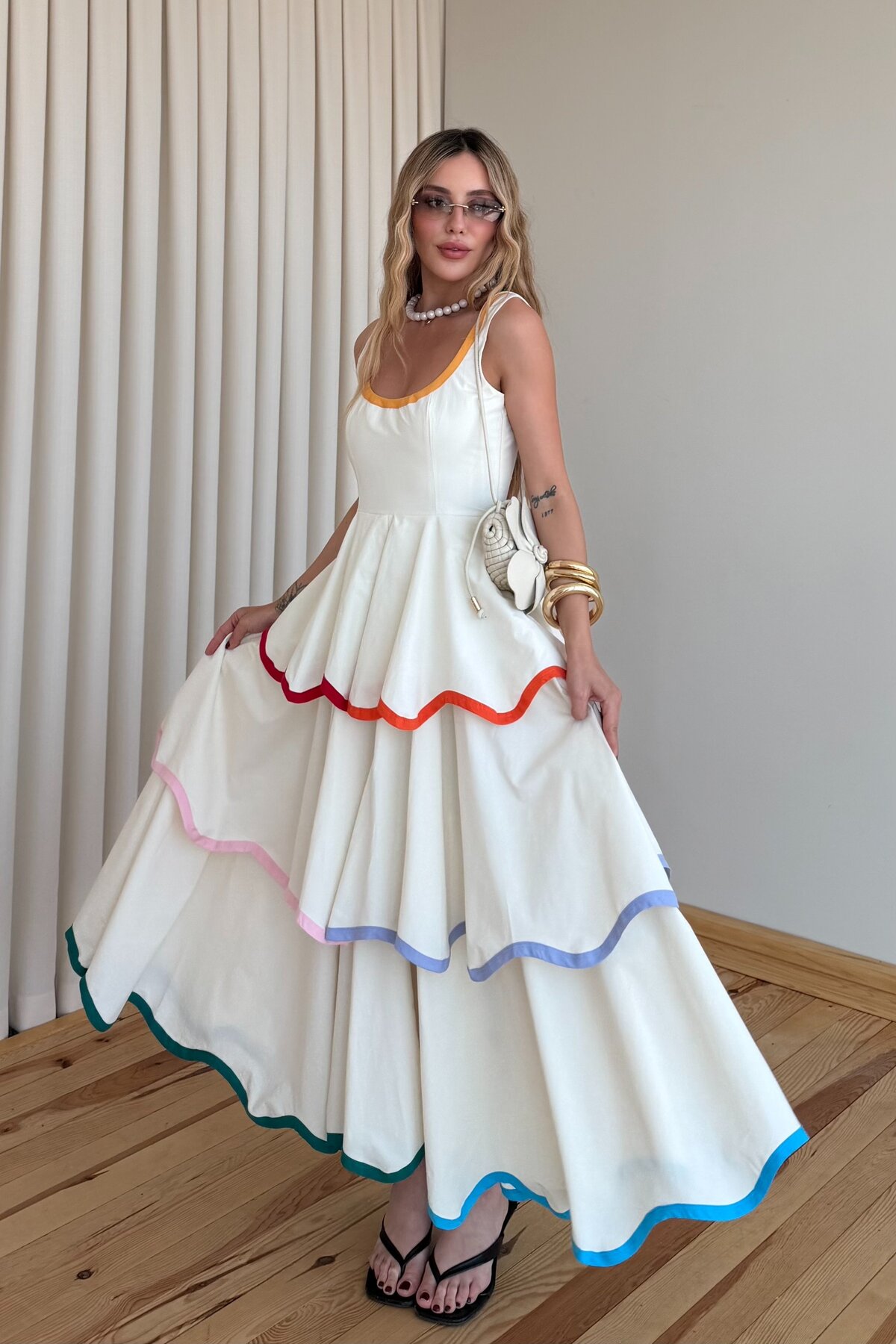 Laluvia Ecru Color Detailed Layered Dress - 1070