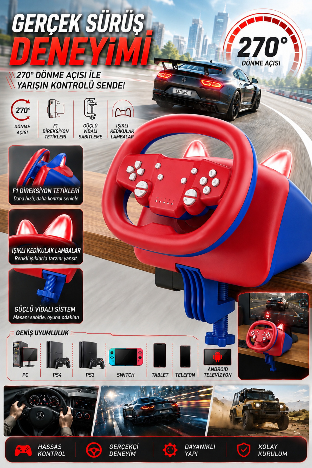 JOYCOR Kablosuz & Kablolu Oyuncu Direksiyonu 270° Dönüş Açılı PC