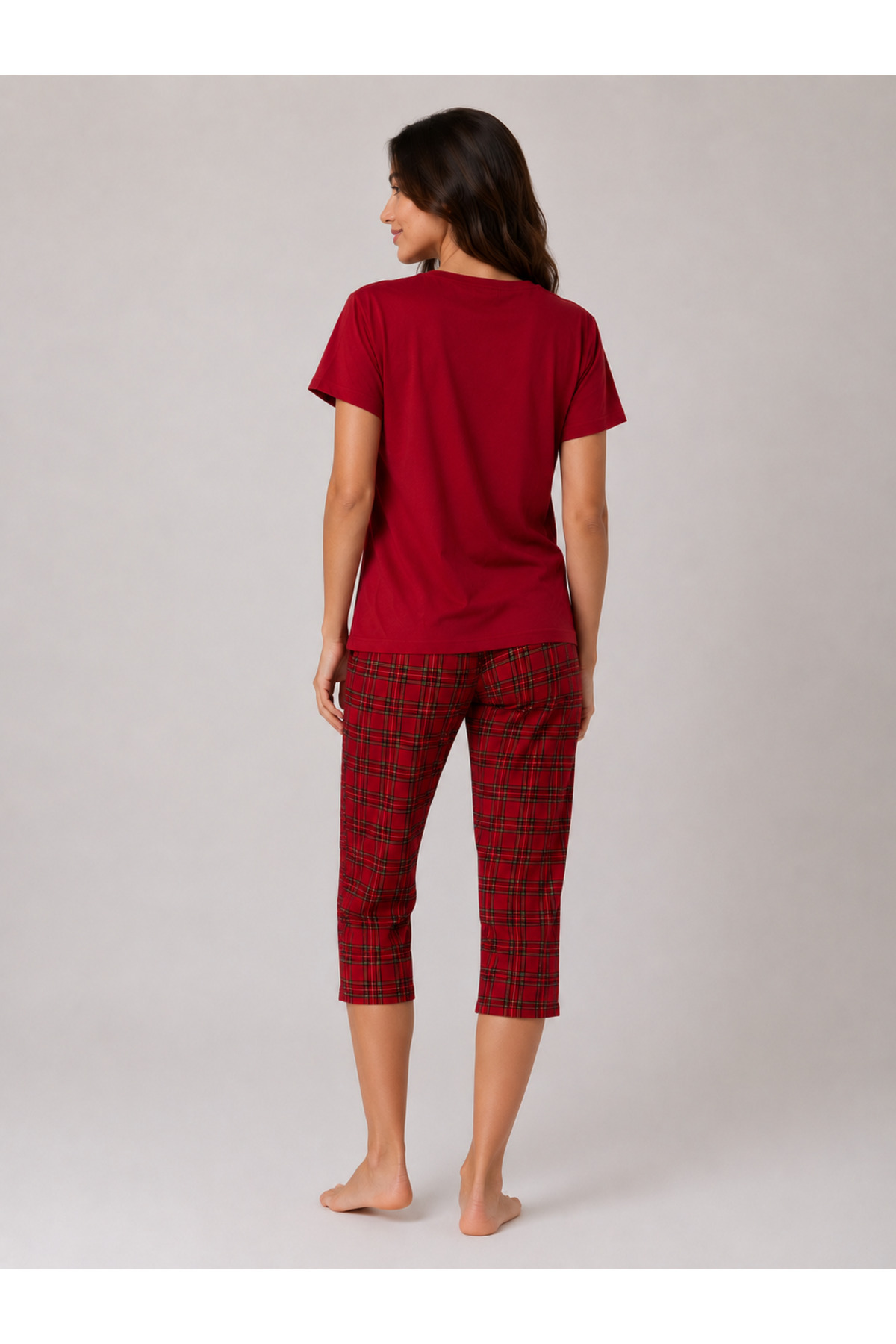 Pijamask Kadın Bordo Ekose Kapri Pijama Takımı Bisiklet Yaka Kısa Kollu Rahat Ev Giyim (P100-887) görsel 3