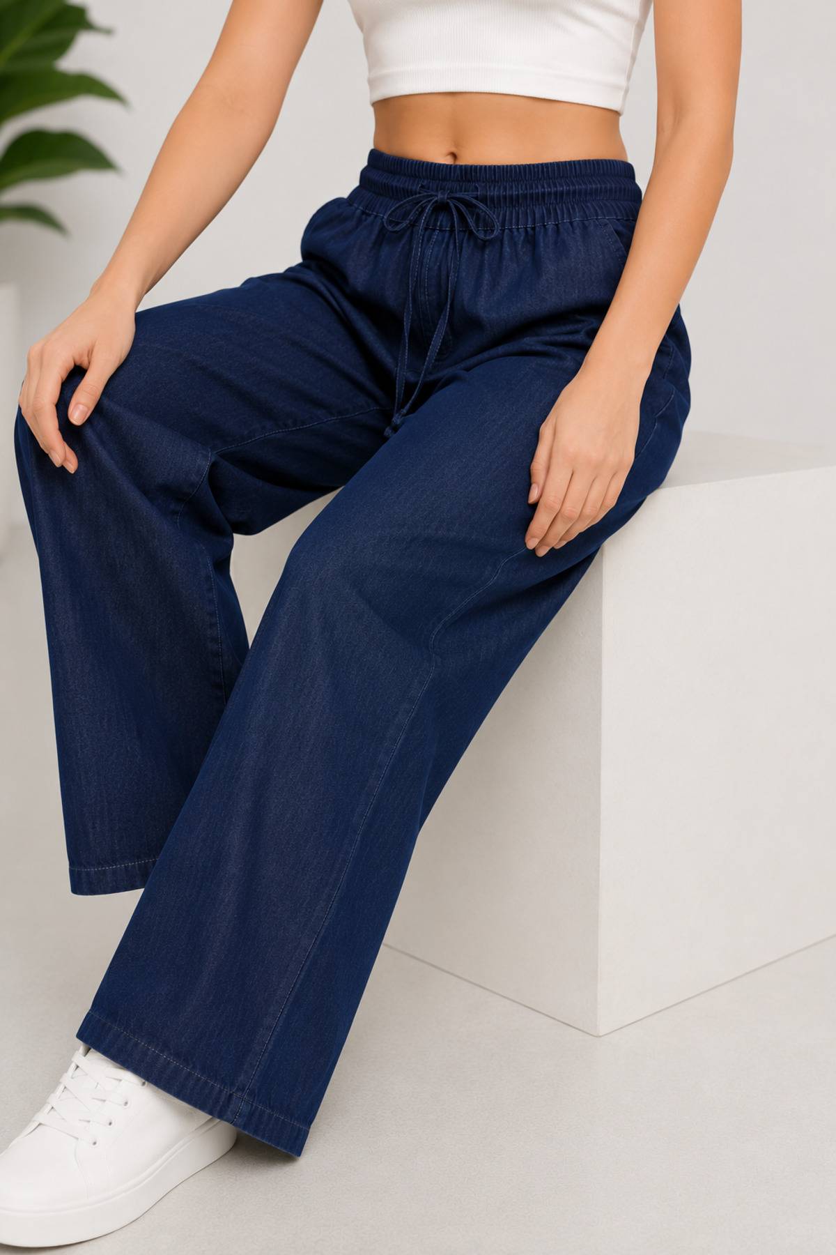 Lighter Jeans Kadın Tensel Jean Pantolon Beli Lastikli Bağcıklı Rahat Kalıp Dökümlü Günlük Kot Pantolon görsel 5