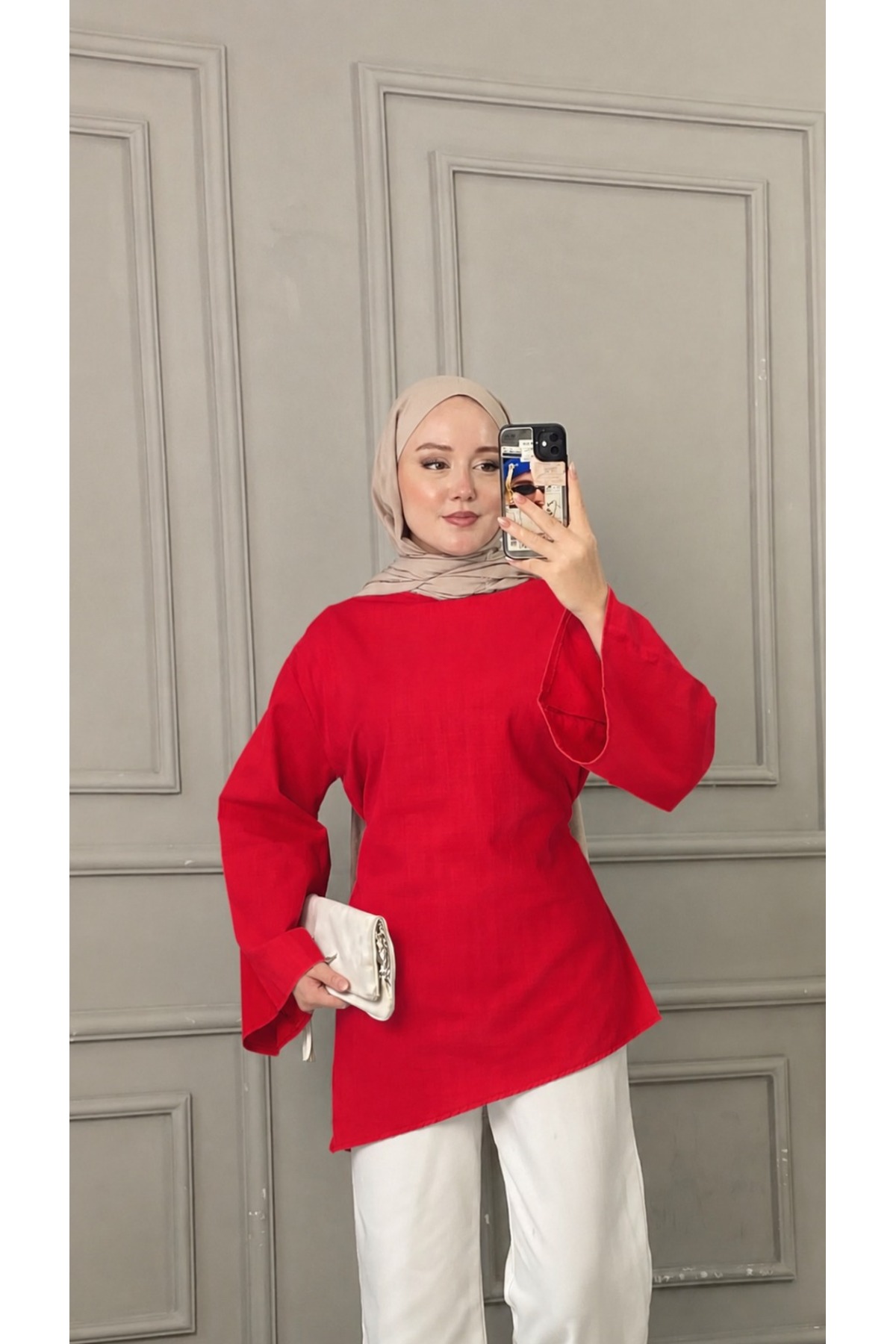 onlymoon Kırmızı %100 Keten Arkadan Bağlamalı Asimetrik Kesim Tunik | Geniş Kollu Doğal Pamuklu Oversize Günlük Tesettür Tunik | Rahat Şık Kadın Üst Giyim görsel 3