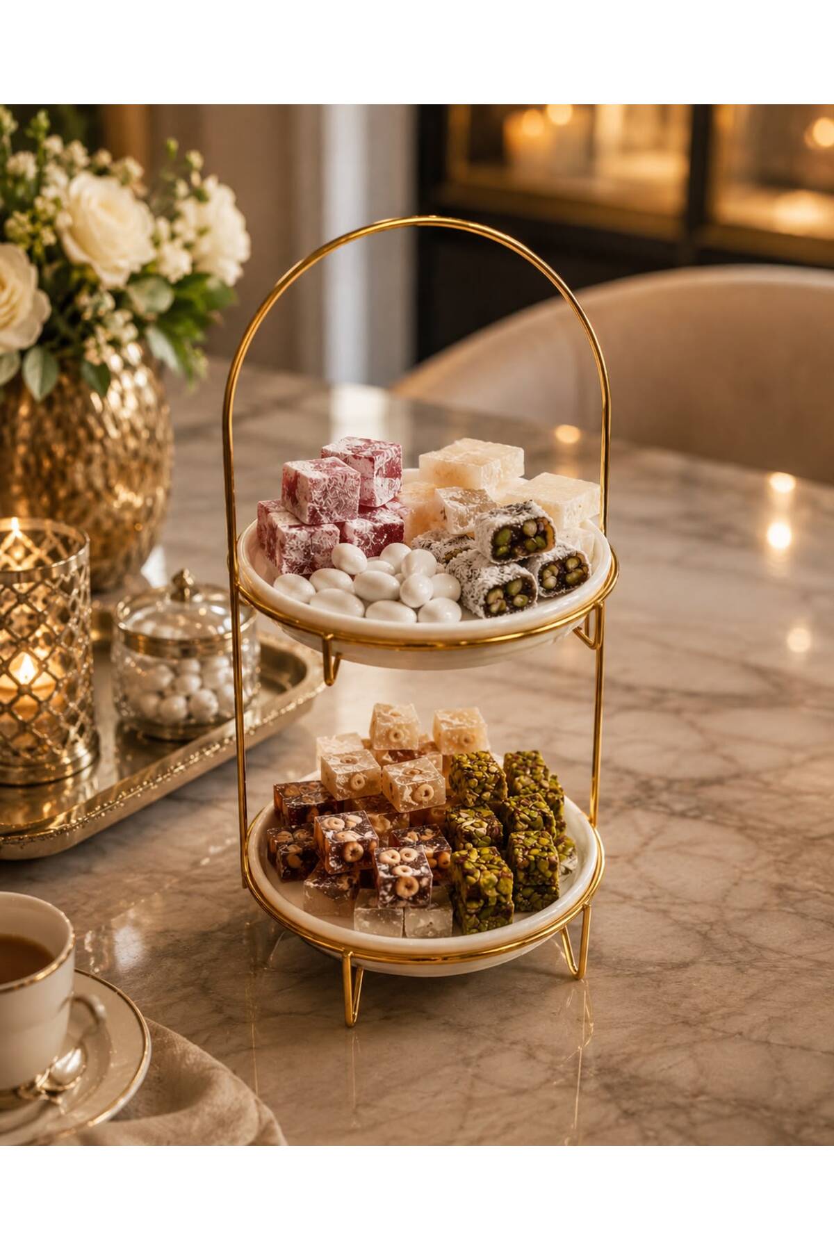 EMFA HOME 2-Tier Ceramic Plate Gold Presentation Plate Cookie Plate Snack Plate Turkish Delight Plate 34X16