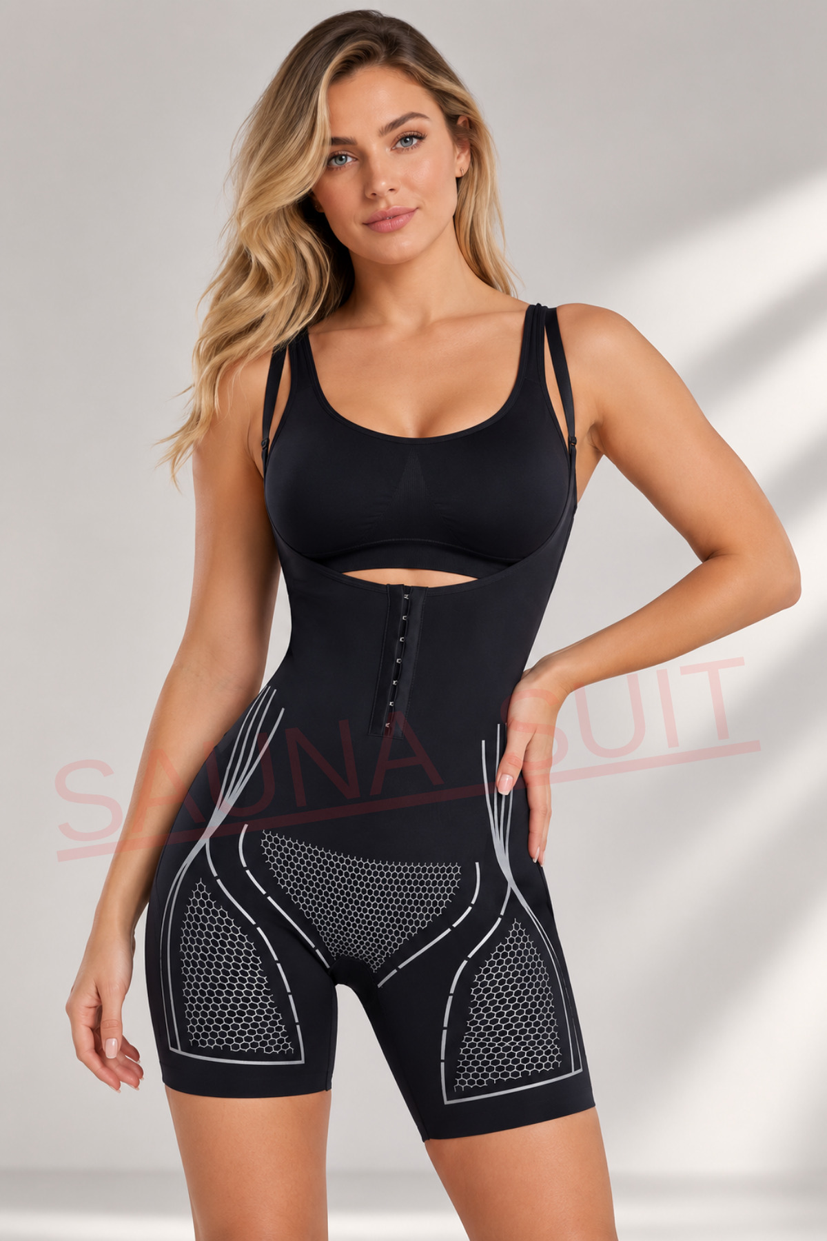 SAUNA SUIT Kadın Korse Takım Yerine Tek Parça Body Çıtçıtlı Ön Kapama Bacak Boyu Şort Göbek Toplayan Form İç Giyim Krem görsel 2