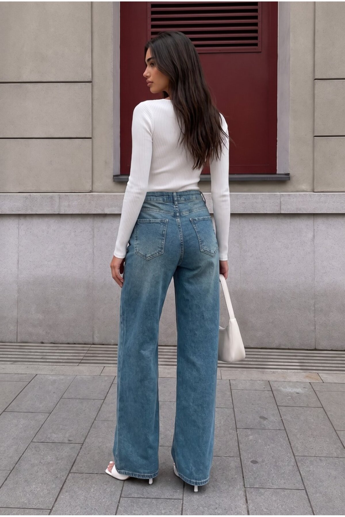KOYU MAVİ Soluk Efekt Vintage Yüksek Bel Wide Leg Geniş Paça with Lycra Jeans 3