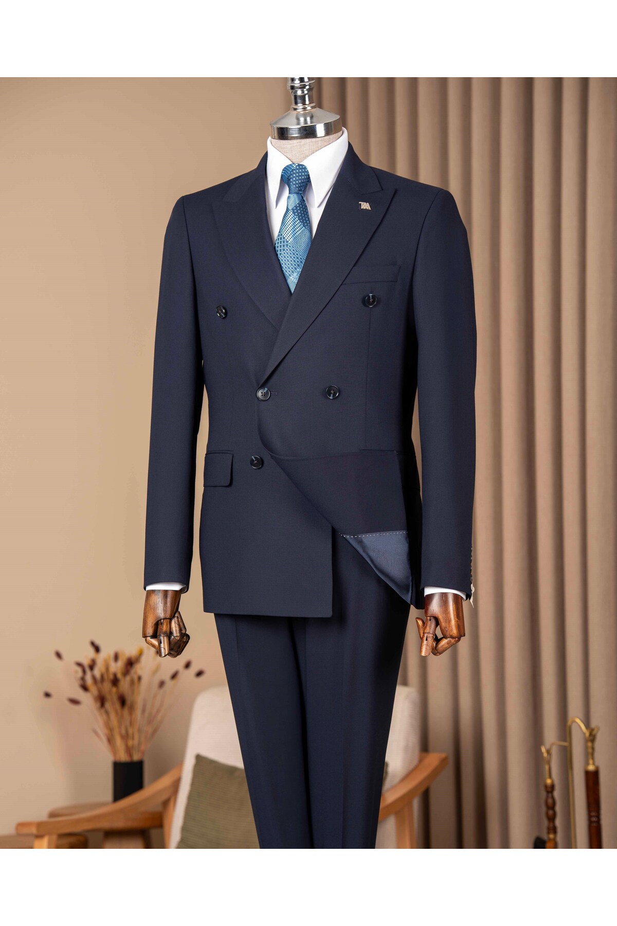 TerziAdemAltun Slim fit erkek kruvaze sivri yaka ceket pantolon takım elbise lacivert T20172-02