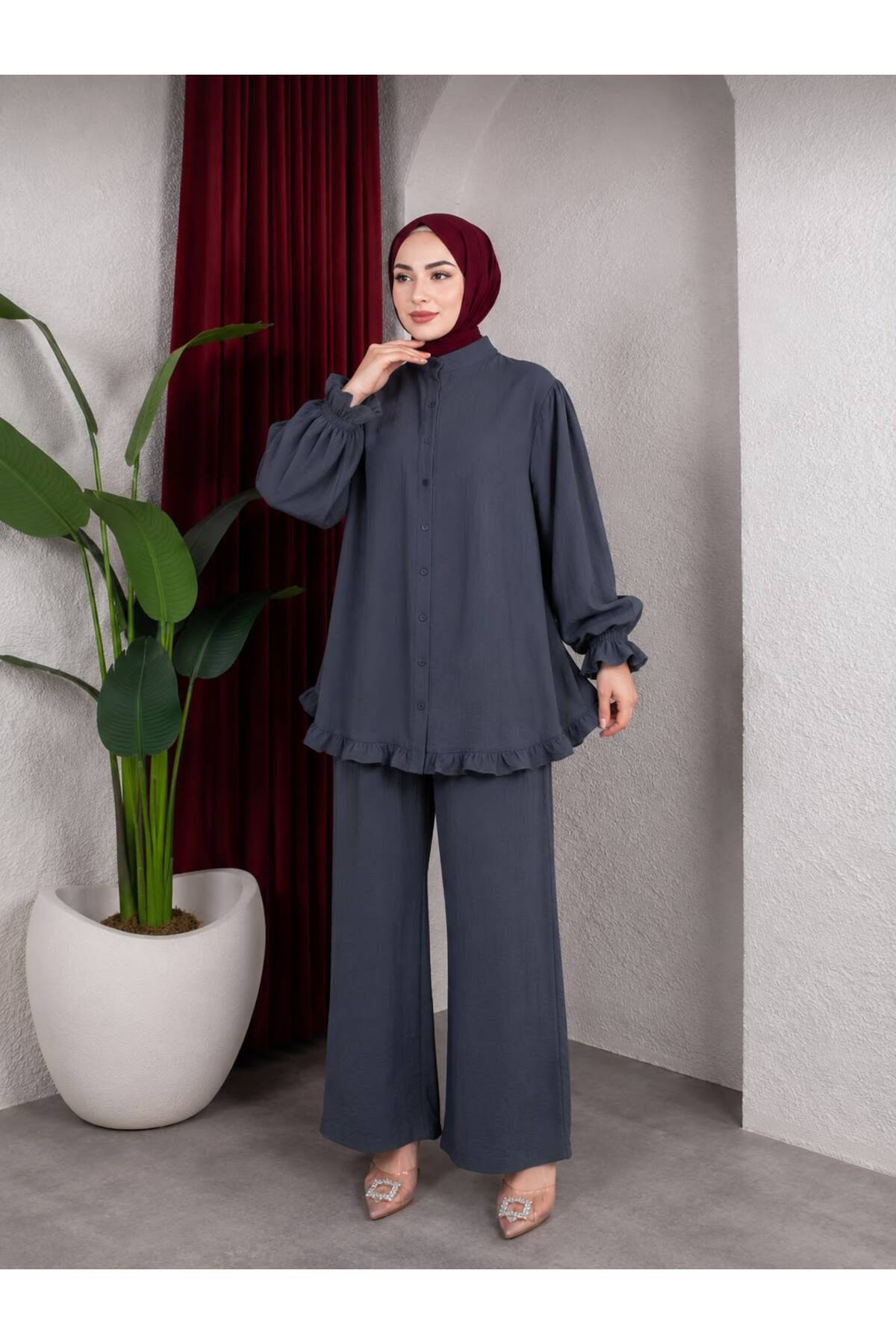 HİRA LİFE FASHİON Kadın Çilek Kumaş Dik Yaka Düğmeli Fırfır Detaylı Tesettür Tunik Pantolon İkili Takım görsel 7
