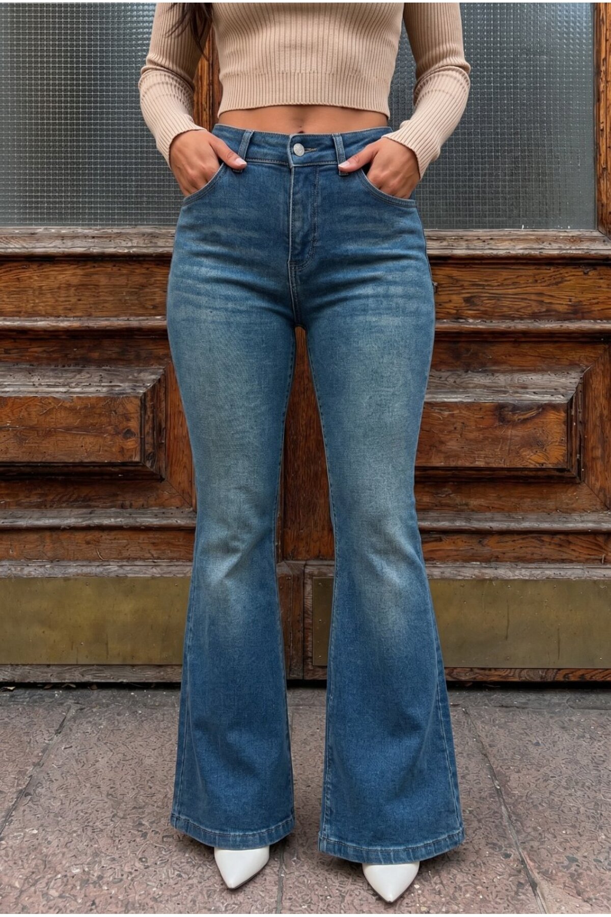Yüksek Bel Esnek/Likralı Çan Paça Jeans Koyu Mavi 3