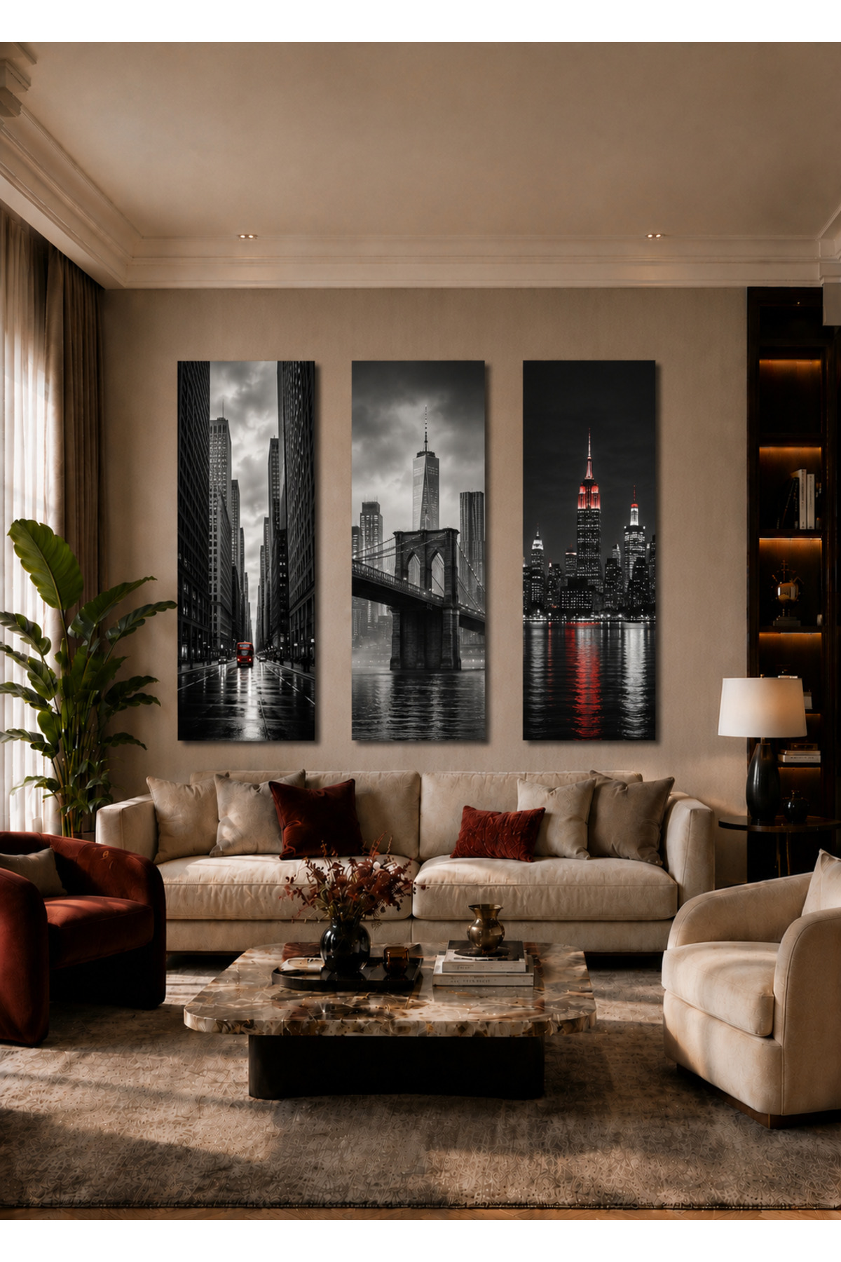 MDF Tablo New York Gece Manzaralı Siyah Beyaz 3’lü Set – Kırmızı Detaylı Duvar Dekorasyonu