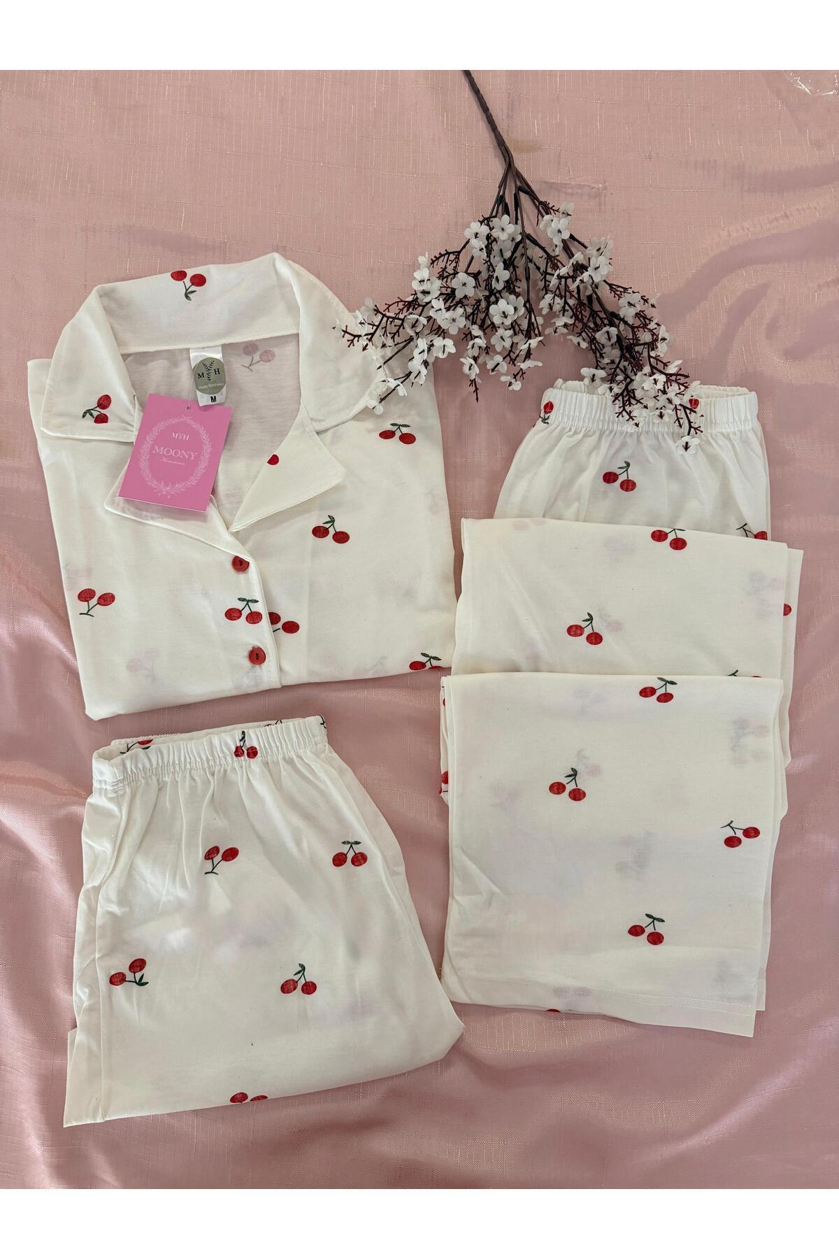 MH Moony Homewears Beyaz MH Cherry 3'lü Pamuklu Pijama Takımı