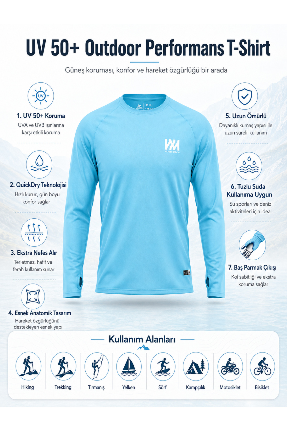 Moose Mood Peak Pro Series Trekking Tırmanış Yürüyüş Sörf Yelken Motosiklet UV 50+ Korumalı Esnek T-Shirt görsel 7