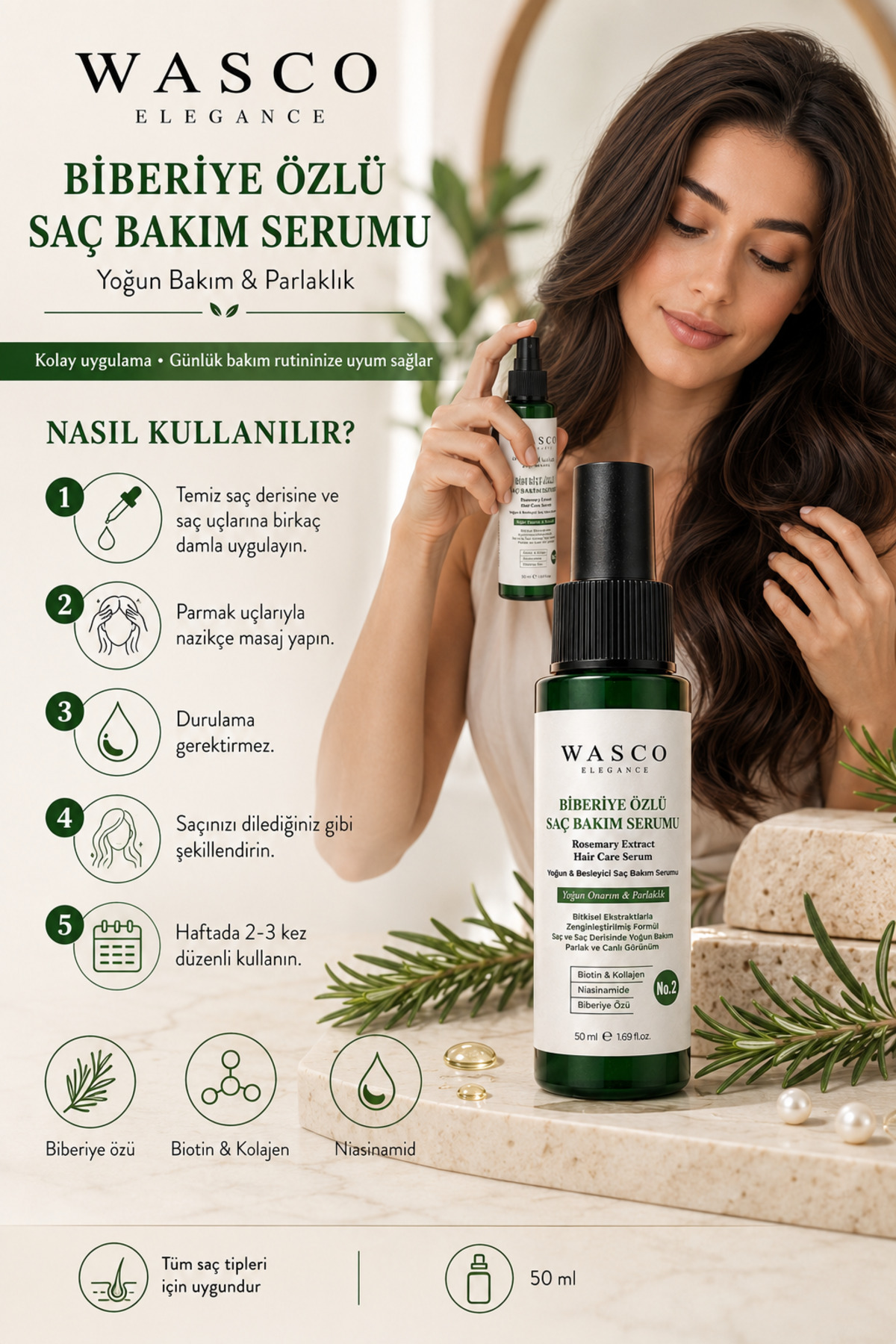 Biberiyeli Saç Bakım Serumu 50 ml | Biberiye, Kafein, Biotin ve Kolajen İçeren Besleyici Saç & Saç Derisi Bakımı — wascobiberiyeserum — تصویر 8 از 8