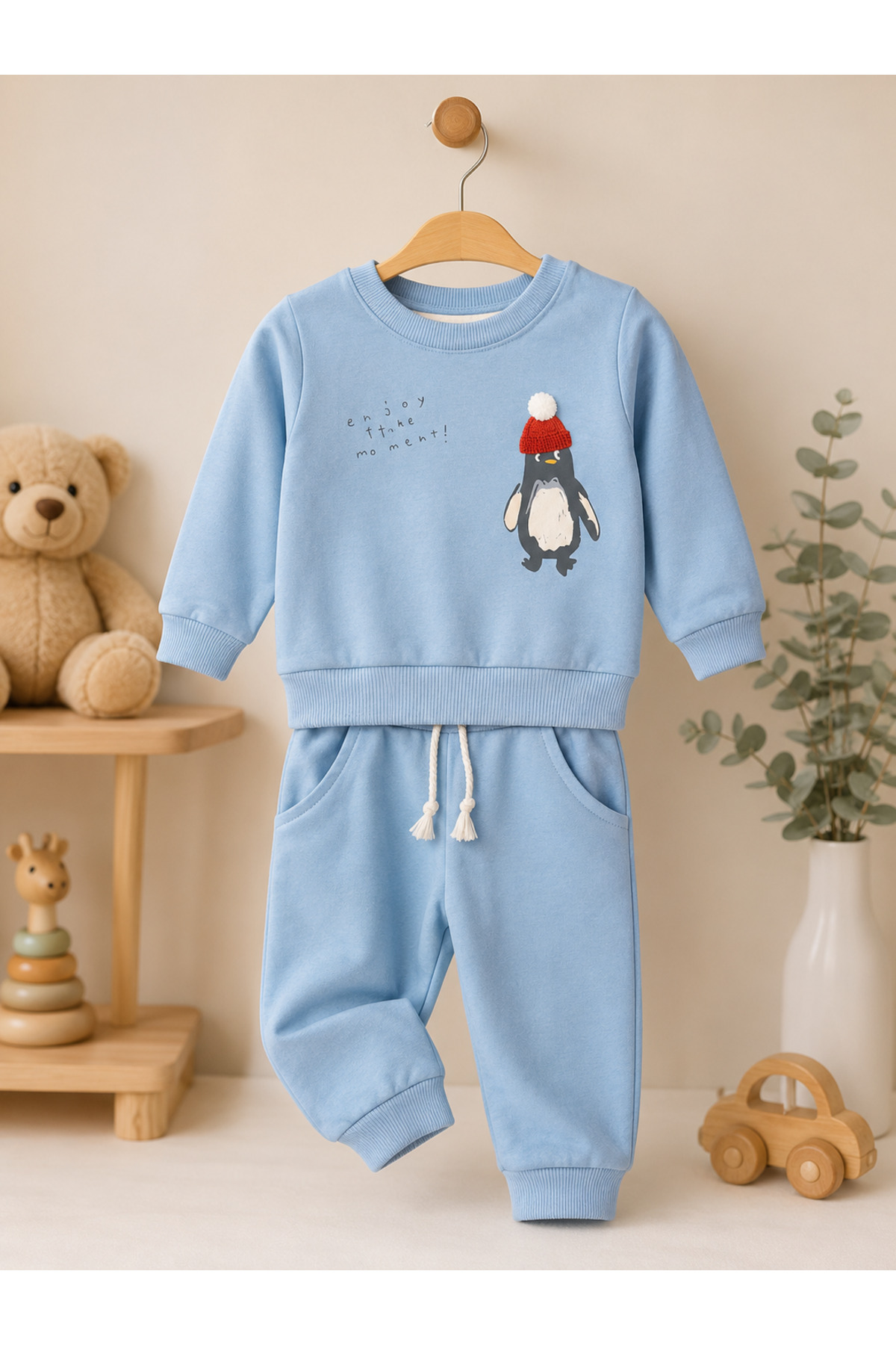 Penguen Baskılı 2'li Erkek Çocuk Takımı – Sweatshirt ve Jogger Alt | Günlük Bebek Eşofman Takımı