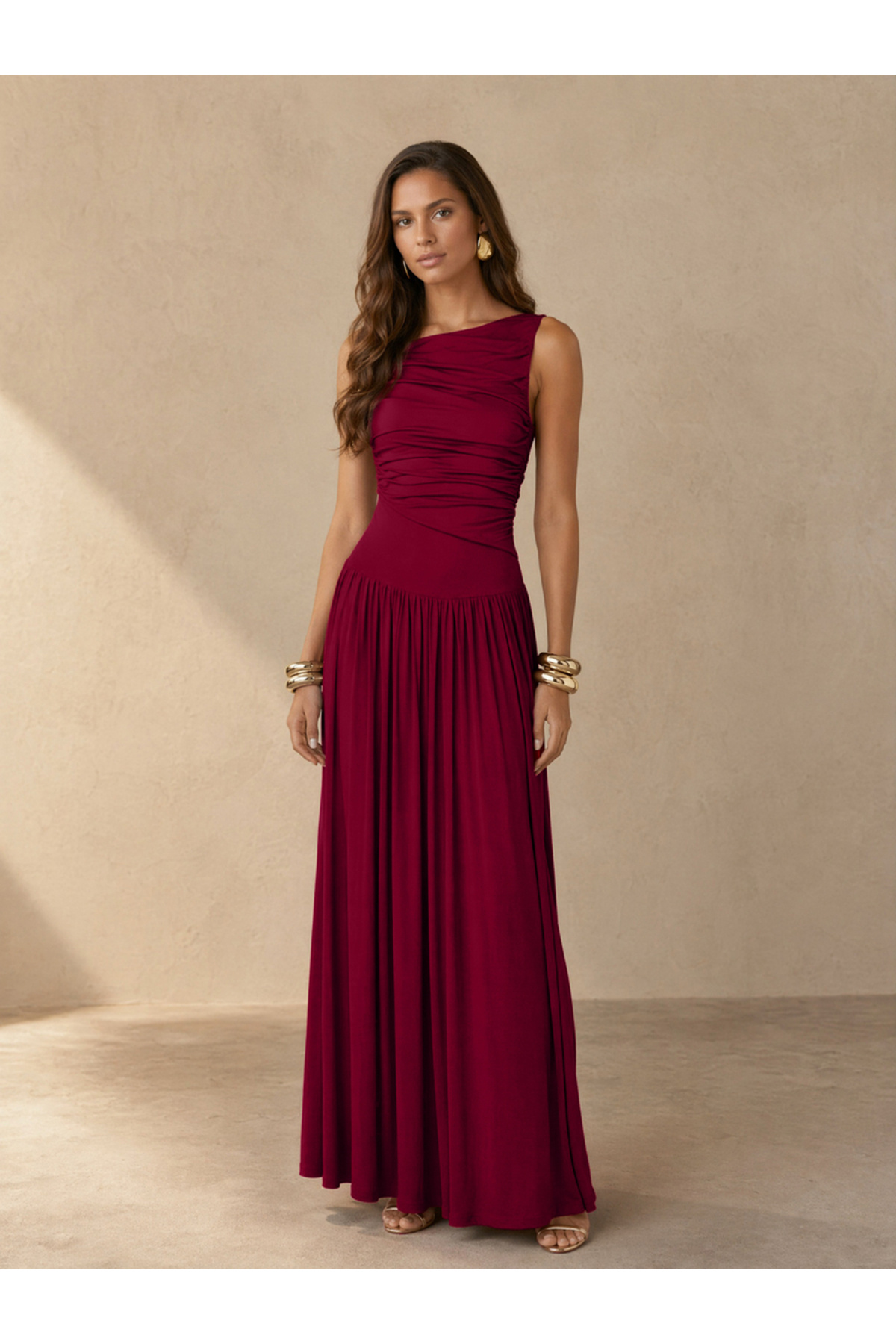Styli Red Ruched A-Line Maxi Dresss
