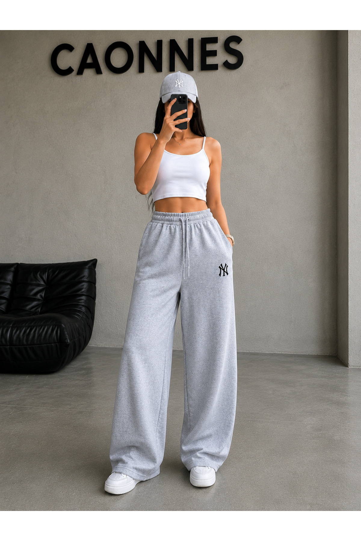 CAONNES 2'li Kadın NY Baskılı Eşofman Altı (Siyah-Gri) Oversize Baggy Salaş Paça görsel 4