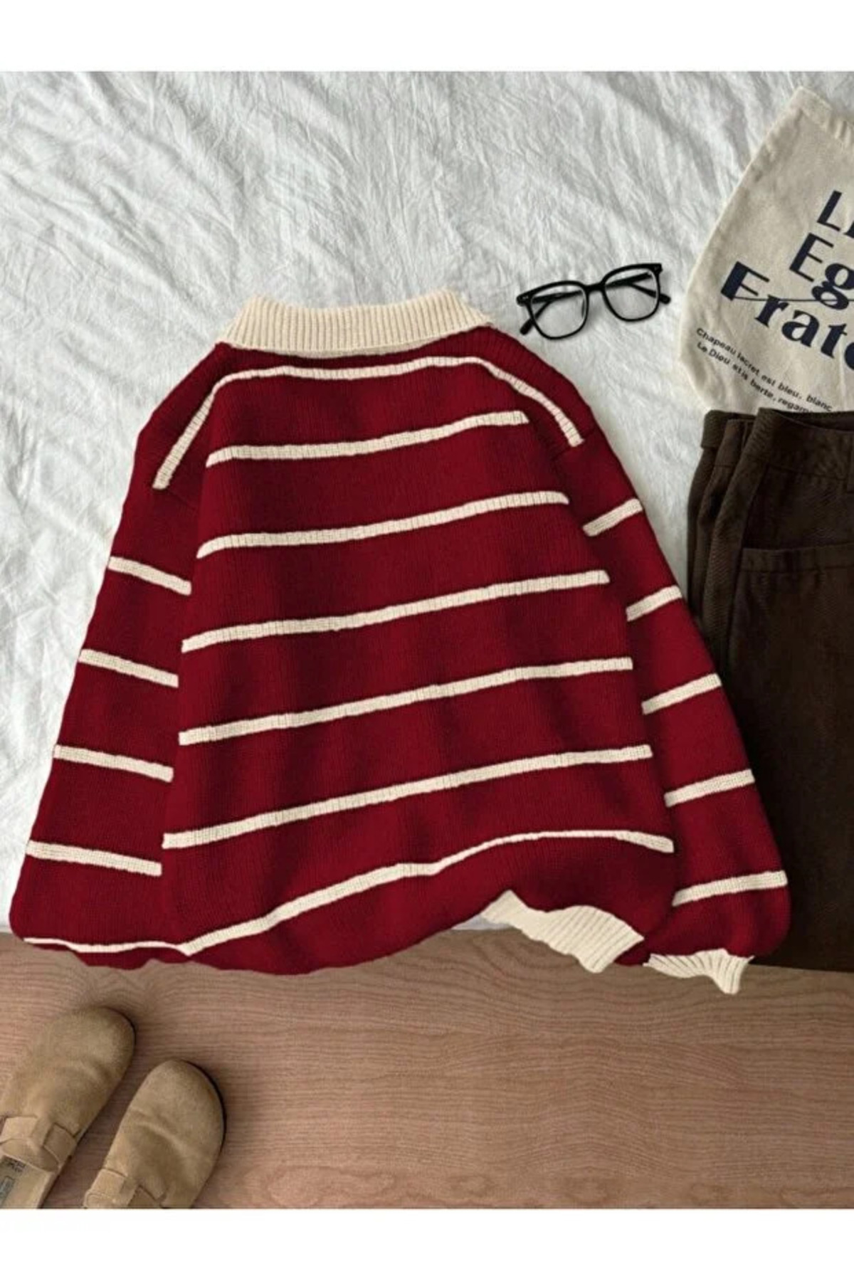 pepule Çizgili Polo Yaka Selanik Örgü Oversize Kadın Triko Kazak görsel 2