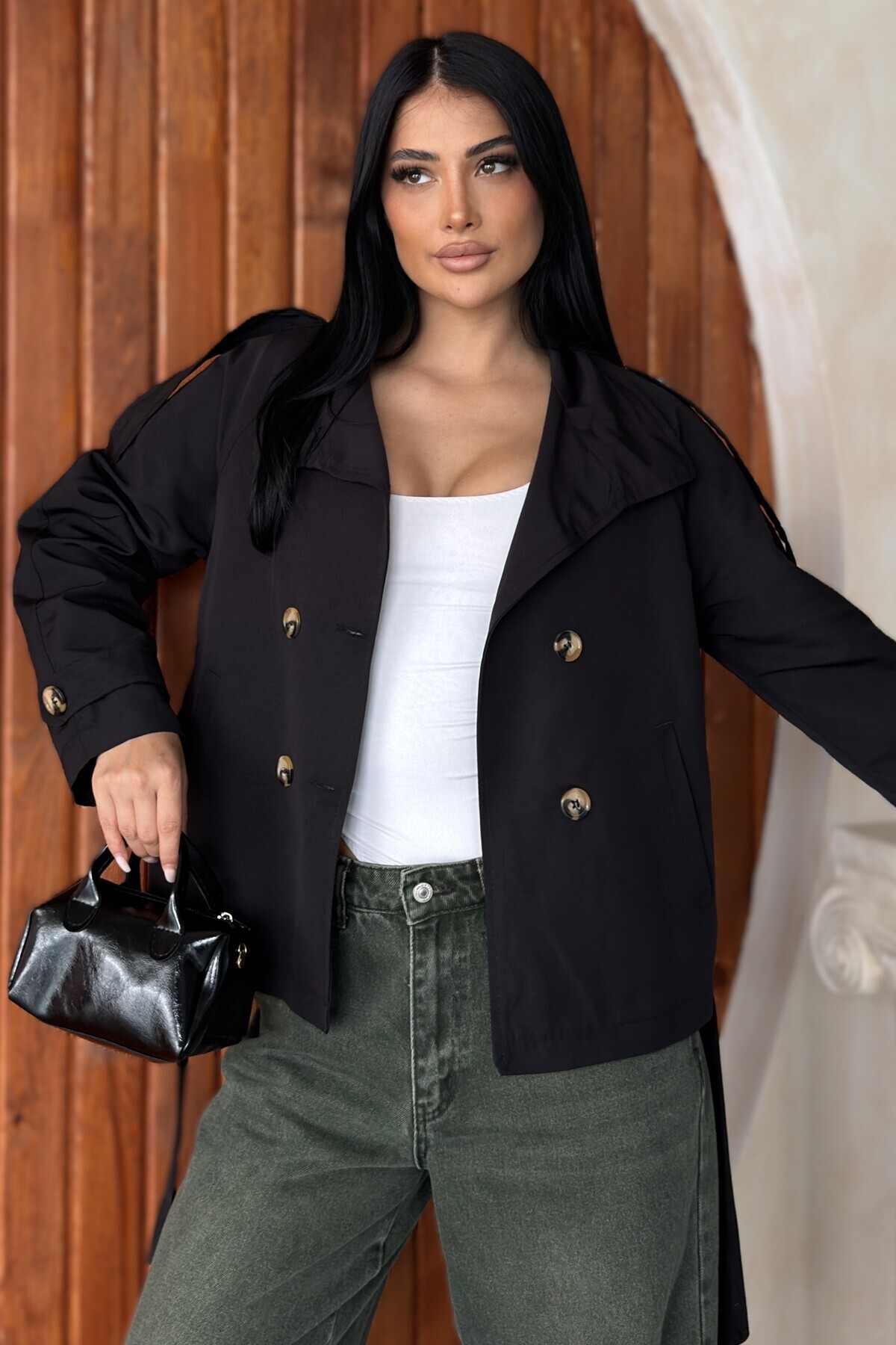 moda armanc Kadın Dik Yaka Trençkot Ceket - Kuşaklı Kruvaze Düğmeli Trenç görsel 6