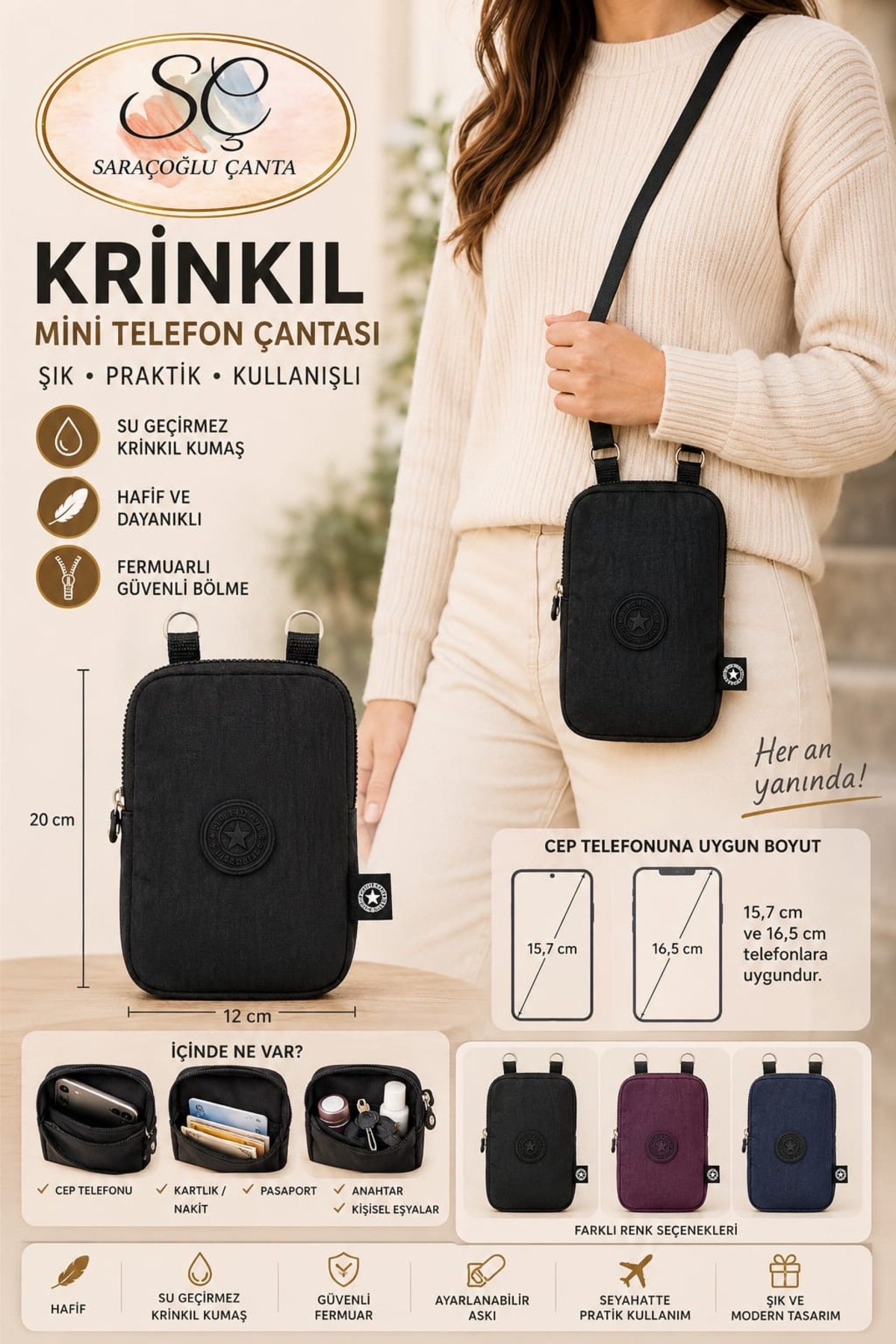 sç Saraçoğlu Çanta Kadın Su Geçirmez Krınkıl Kumaş Mini Telefon Çantası Çapraz Omuz Ve Pasaport Çantası görsel 5
