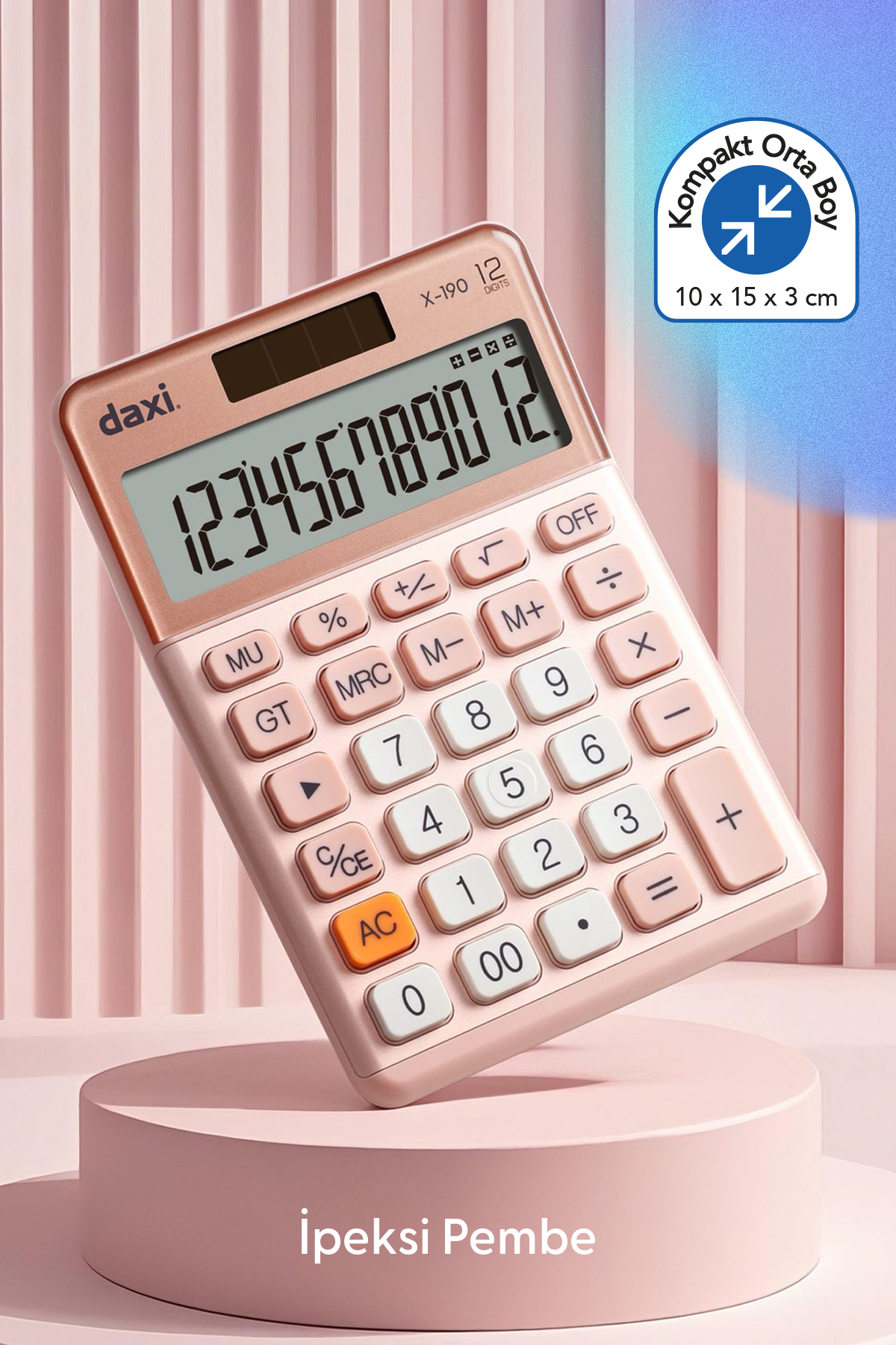 Daxi X-190 Hesap Makinesi, Özel Seri, 12 Haneli, Kompakt Orta Boy, Pembe, 10 x 15cm