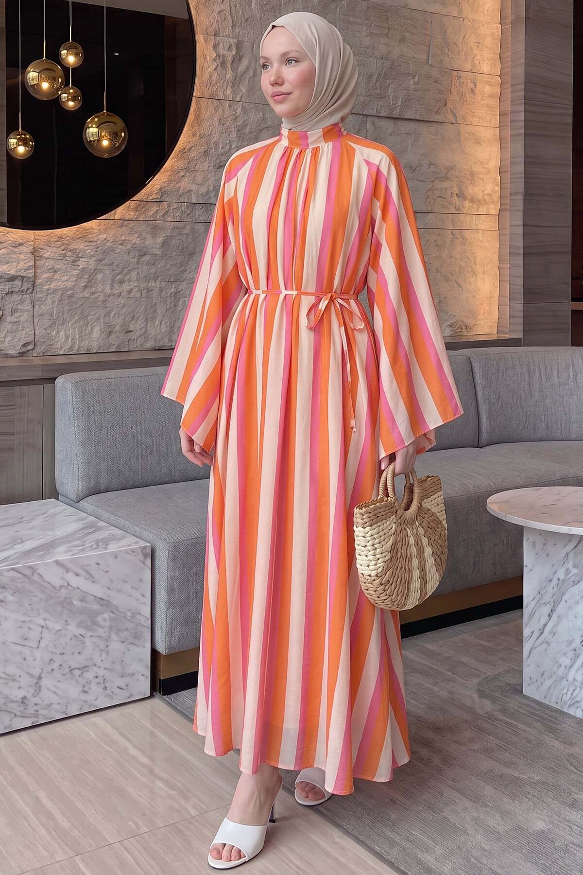 Salih Çelebi Striped Dress Y0165 - Coral