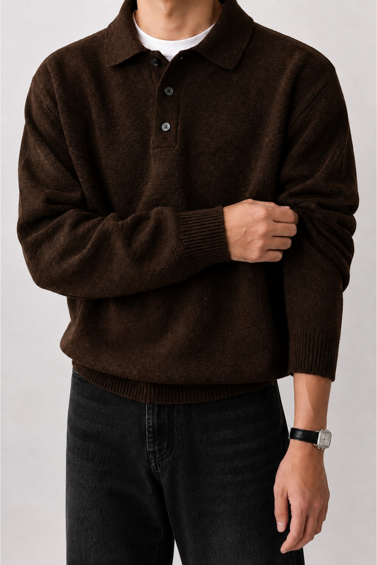 SERABLANKA Erkek Polo Yaka Oversize Triko Kazak, Rahat Kalıp görsel 5