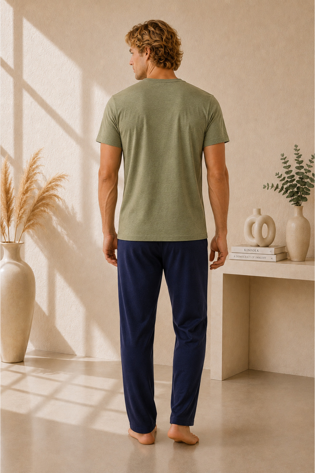 Pijamask Erkek Haki Baskılı Kısa Kollu Tişört Lacivert Uzun Alt Pamuklu Pijama Takımı Alternatif, daha fazla arama kelimesi içeren versiyon: görsel 4