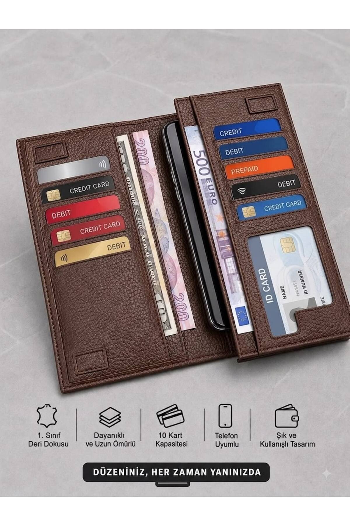 JR Boutique Erkek Siyah Suni Deri El Çantası Cüzdan Telefon Bölmeli Çoklu Kartlık Portföy görsel 3