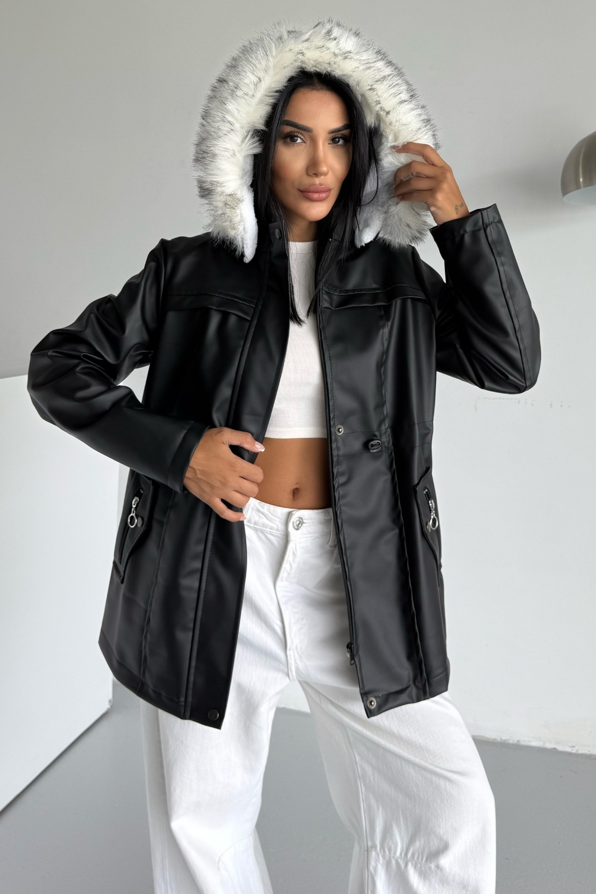 HİRAMİR Deri İçi Kürklü Kapüşonlu Mont KS2508 görsel 3