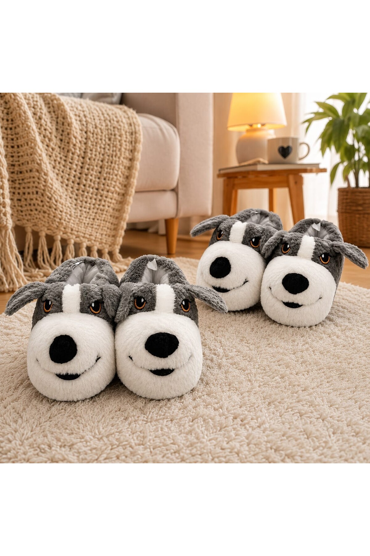 ZERDALİFE Köpekli Panduf Peluş Hayvan figürlü Yumuşak kışlık ev terliği görsel 3