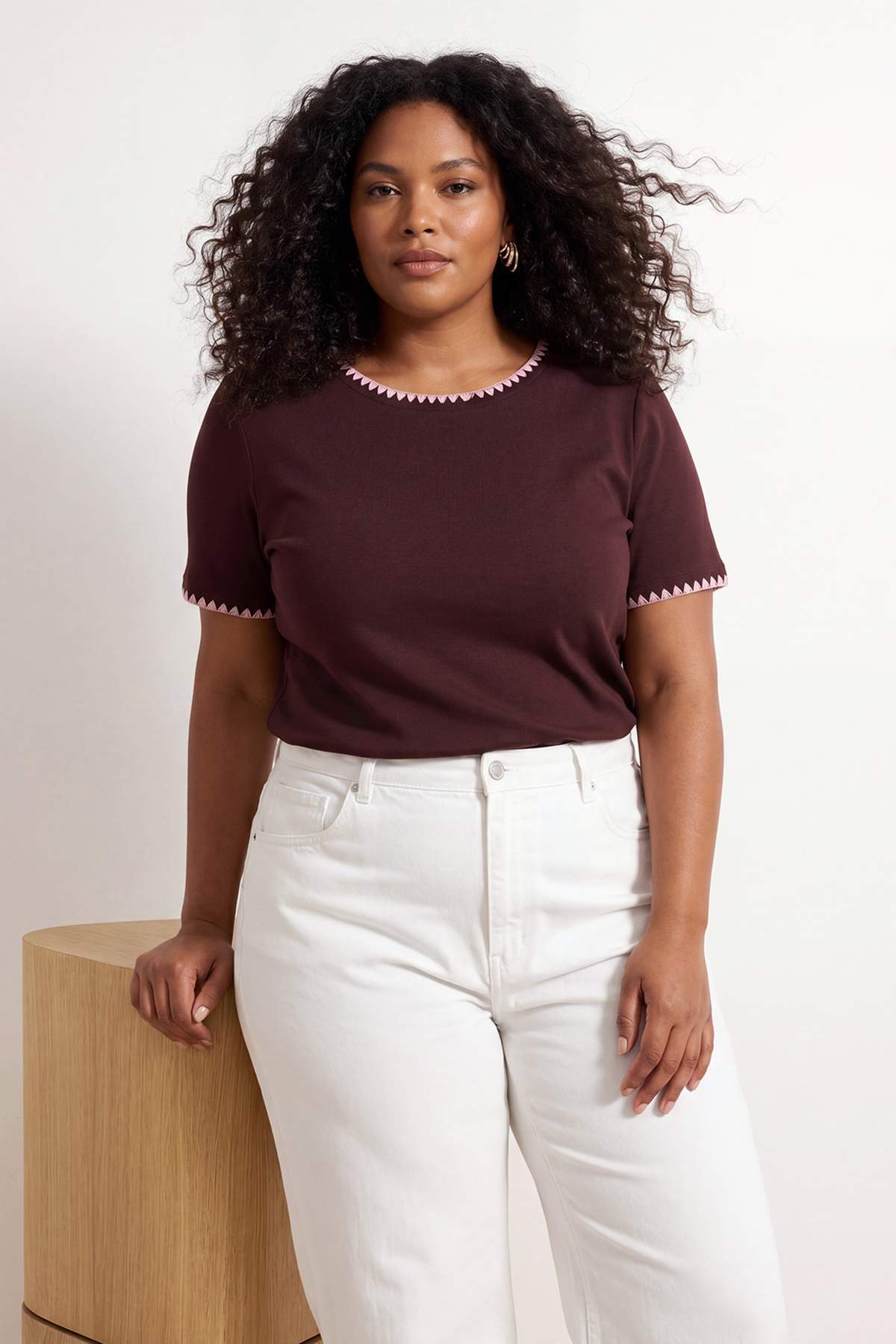 Trendyolmilla Curve Kahverengi %100 Pamuk Kontrast Dikiş Detaylı Bisiklet Yaka Örme Büyük Beden T-Shirt TBBSS26BF00015