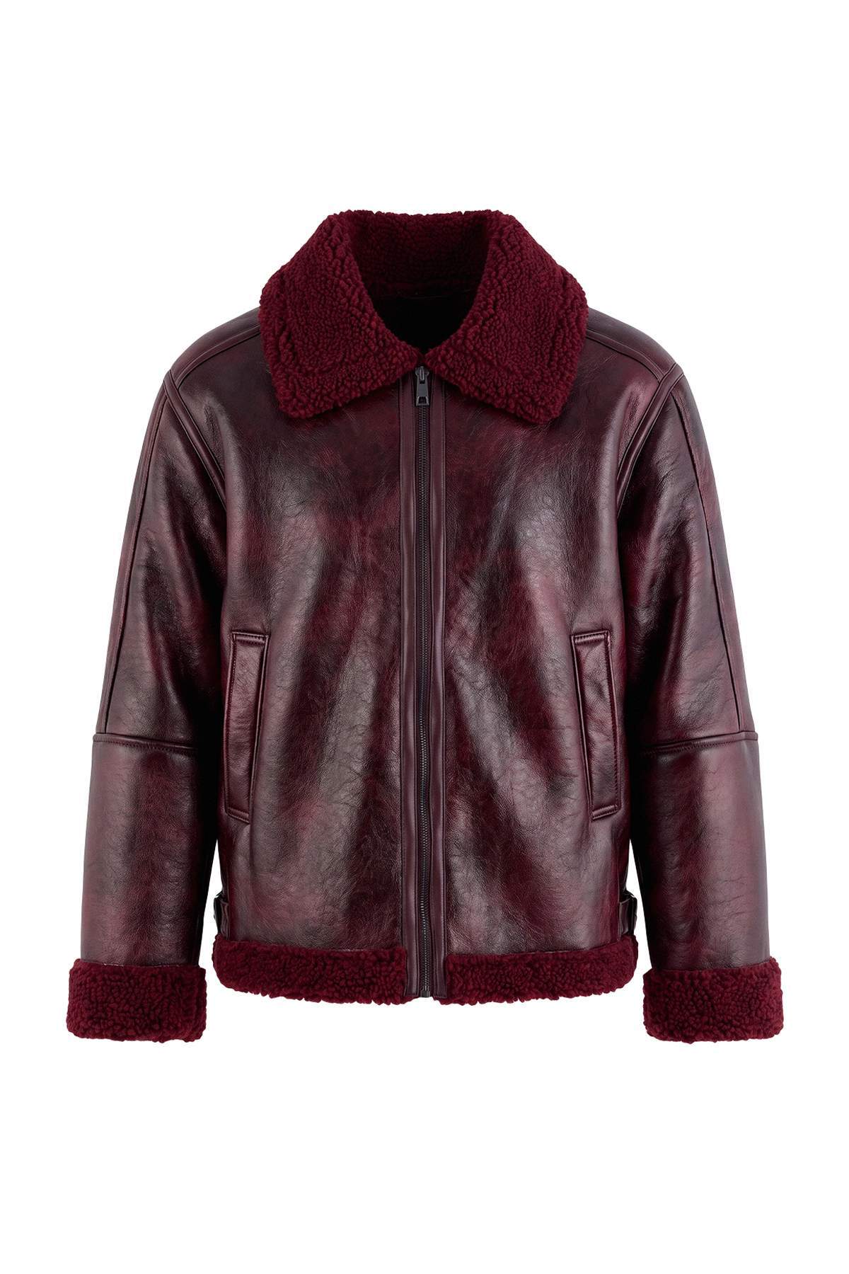 Trendyolmilla Bordo Oversize Kalıp Peluş Detaylı Biker Ceket Mont TWOAW25MO00032