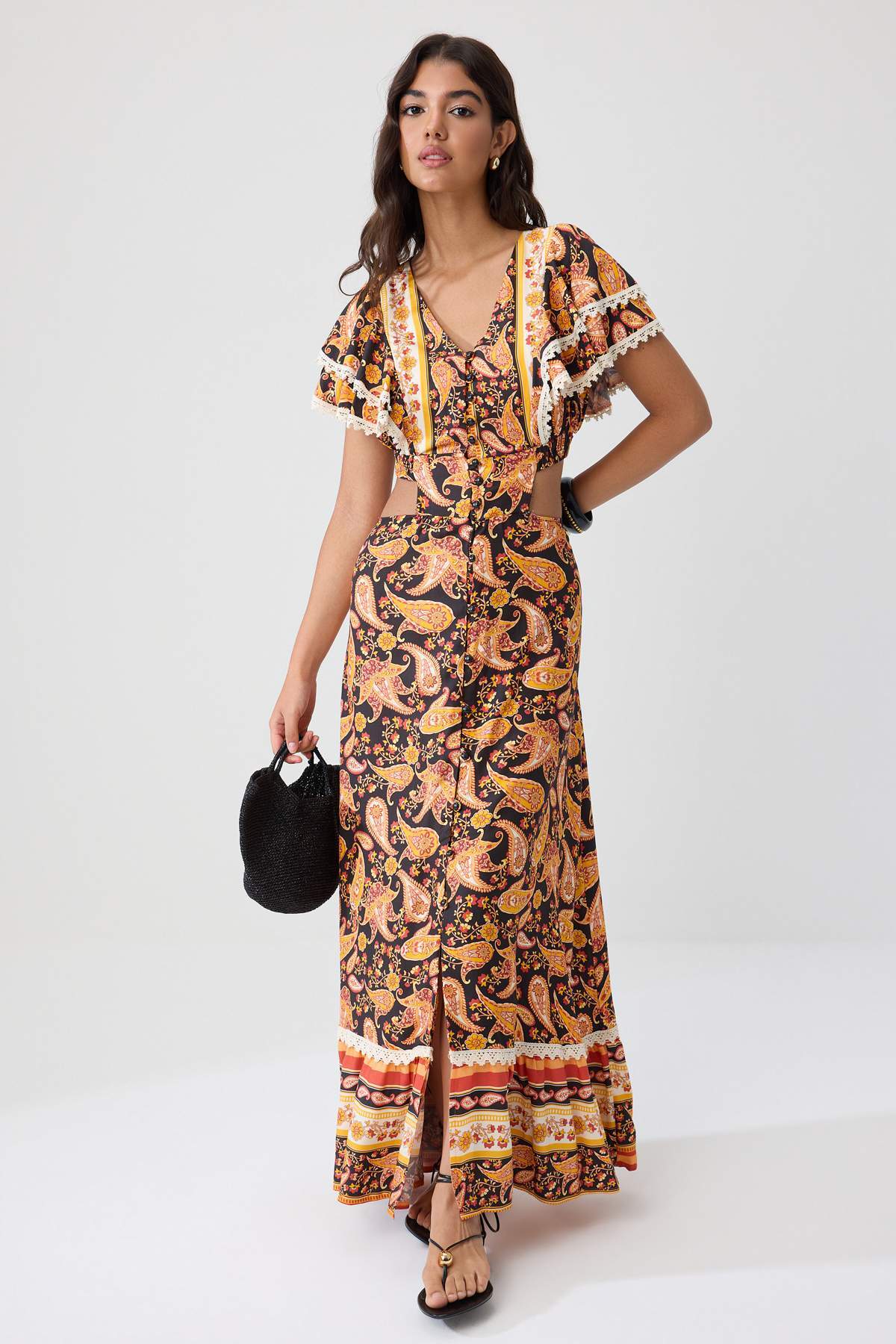 Trendyol Collection Multi-Colored Ethnic Patterned Lace Detailed Skater/Waist Cutout Midi Woven Dress Twoss26El01081