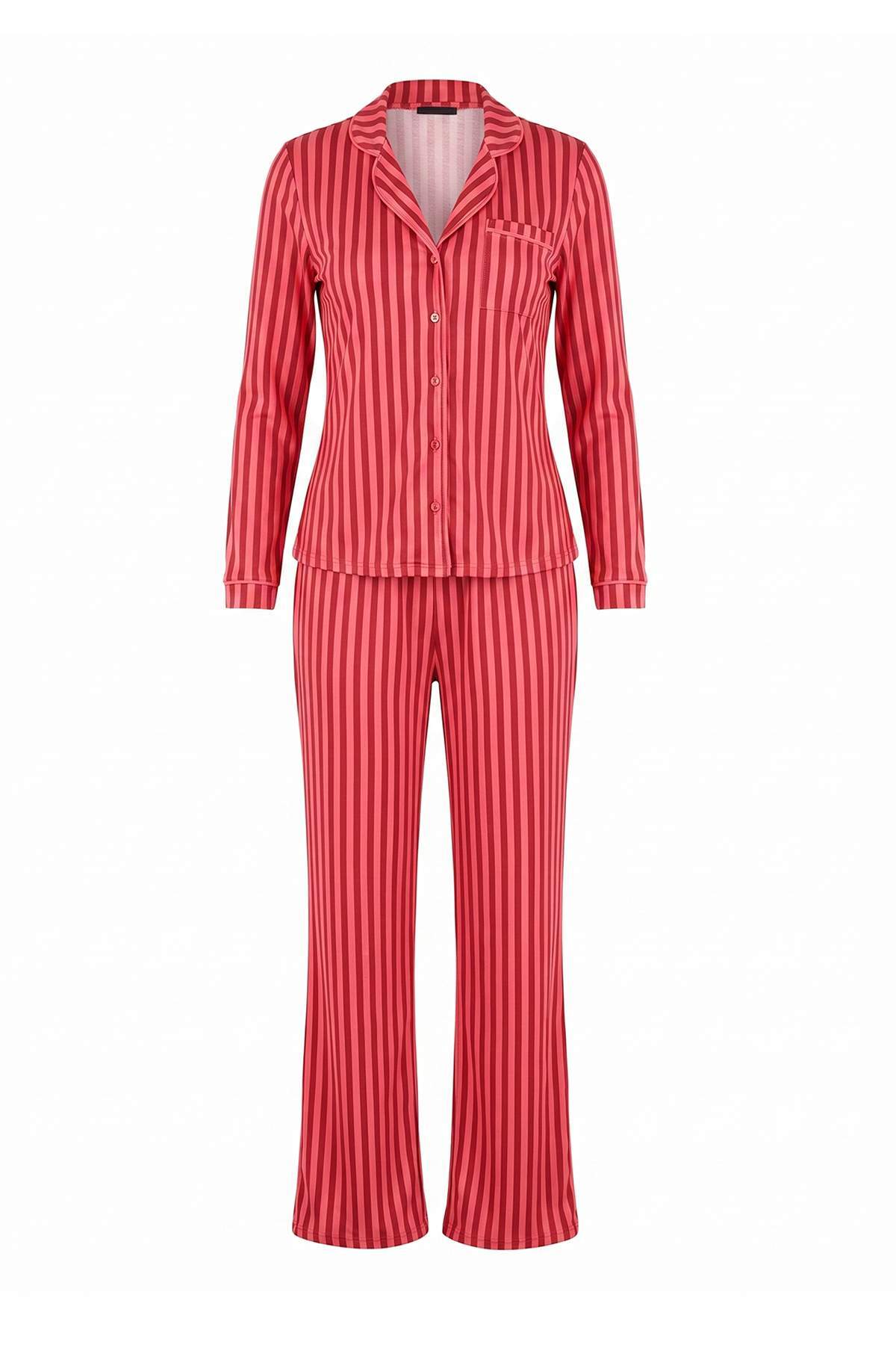 Trendyol Collection Burgundy-Pink 100% Cotton Striped Piping Detailed Knitted Pajama Set Thmaw21Pt0614