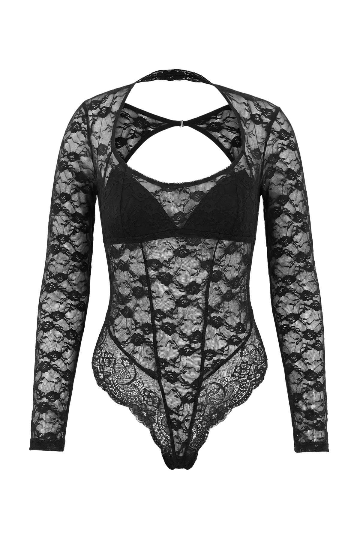 Trendyolmilla Siyah Dantel Cut Out Detaylı Sırt Dekolteli Kaplı Uzun Kollu Çıtçıtlı Örme Body THMAW27BD00002