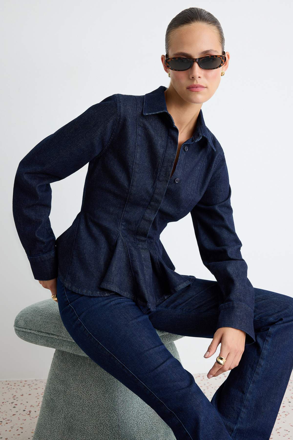 Trendyol Collection Dark Blue Slightly Stretchy Peplum Fitted Denim Shirt Twoaw27Go00054