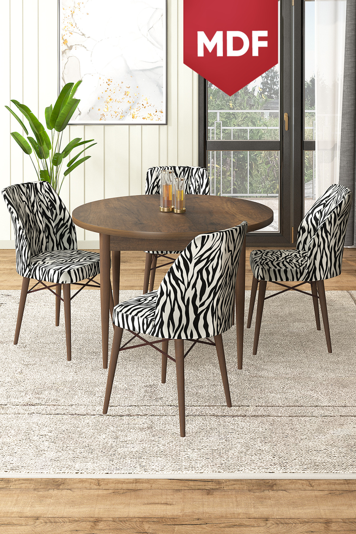 Rox Series MDF Round 90x90 Baroque Wood Pattern Fixed Table 4 Zebra Chair Kitchen Table Set