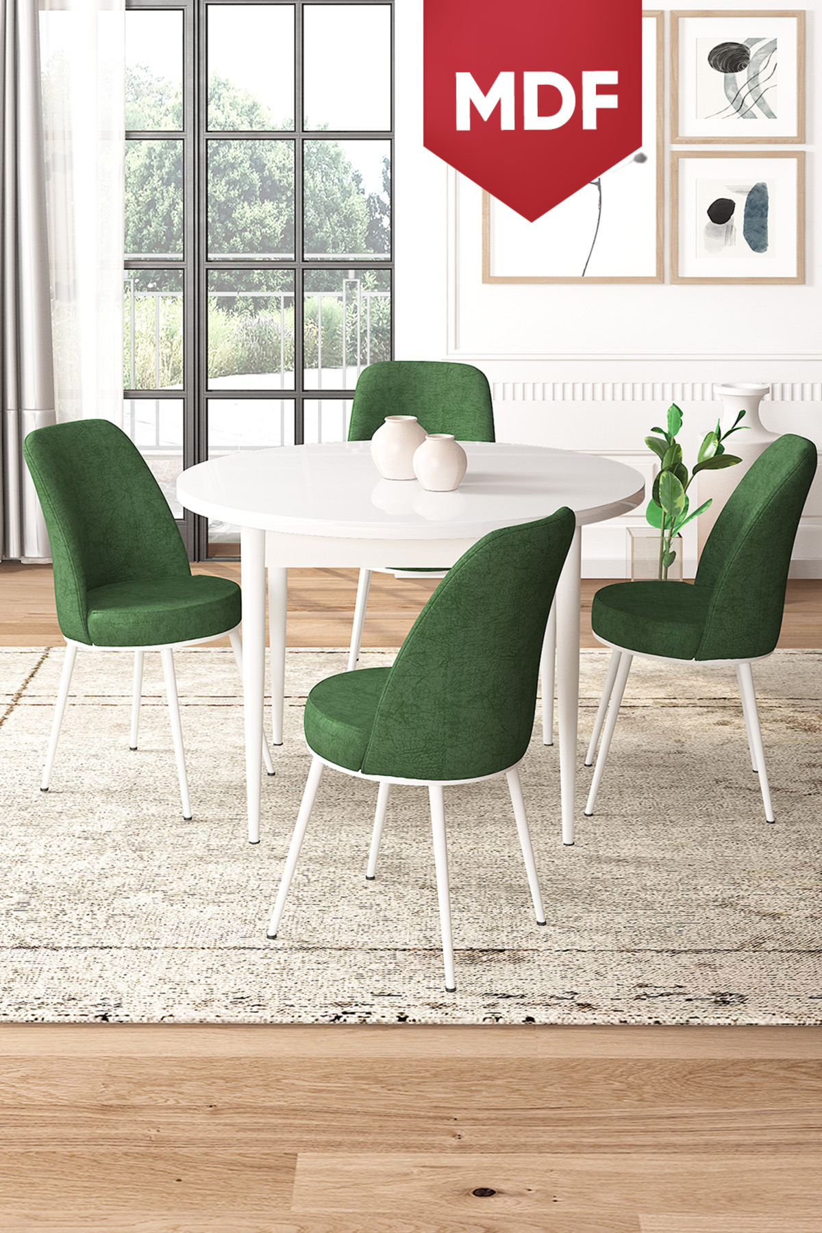 Tor Series MDF 90x90 Round Fixed White Table Set and 4 Khaki Green Chairs