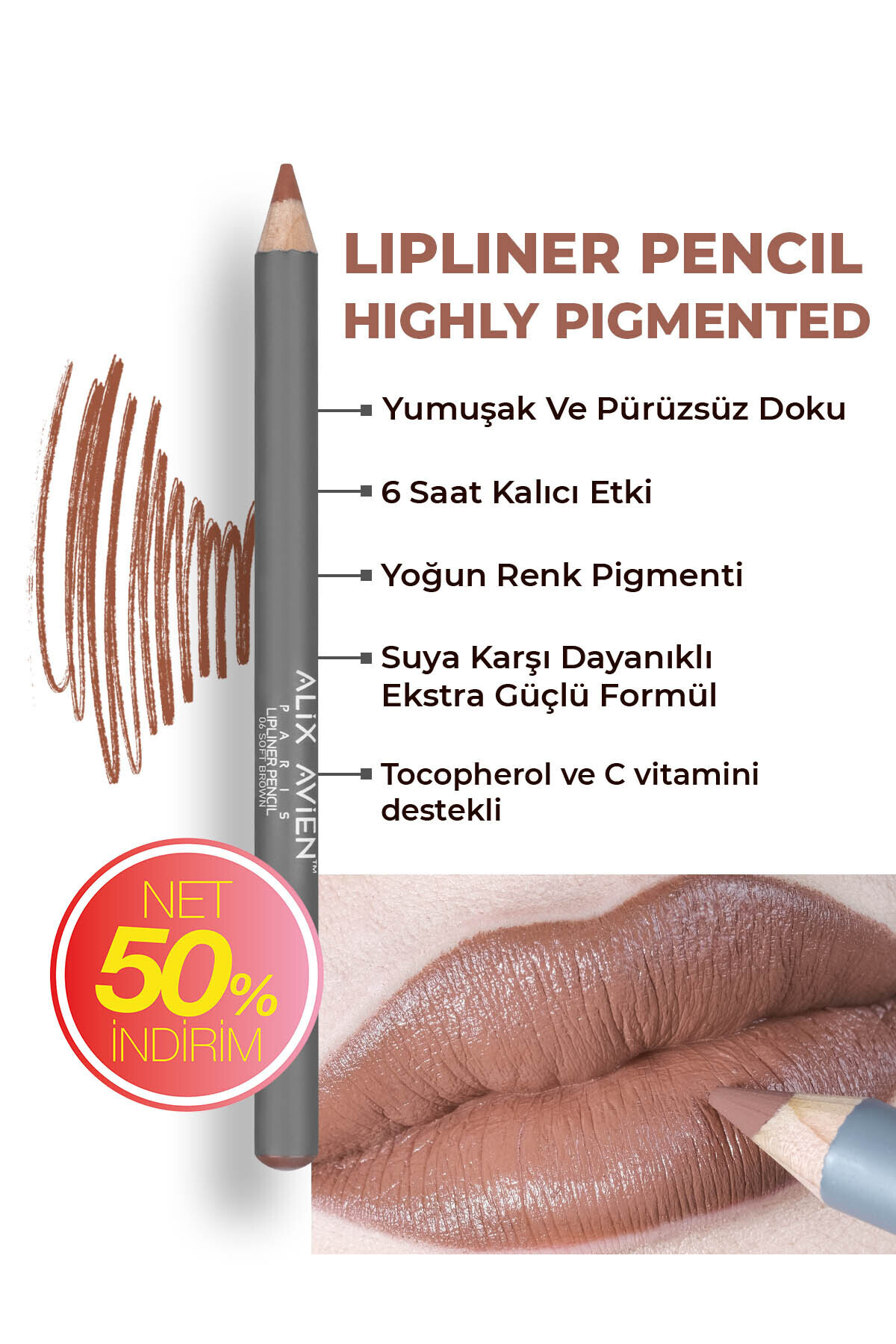 Alix Avien Uzun Süre Kalıcı Dağılma Yapmayan Nemlendirici Dudak Kalemi - Lipliner Pencil 06 Soft Brown - Fiyatı, Yorumları