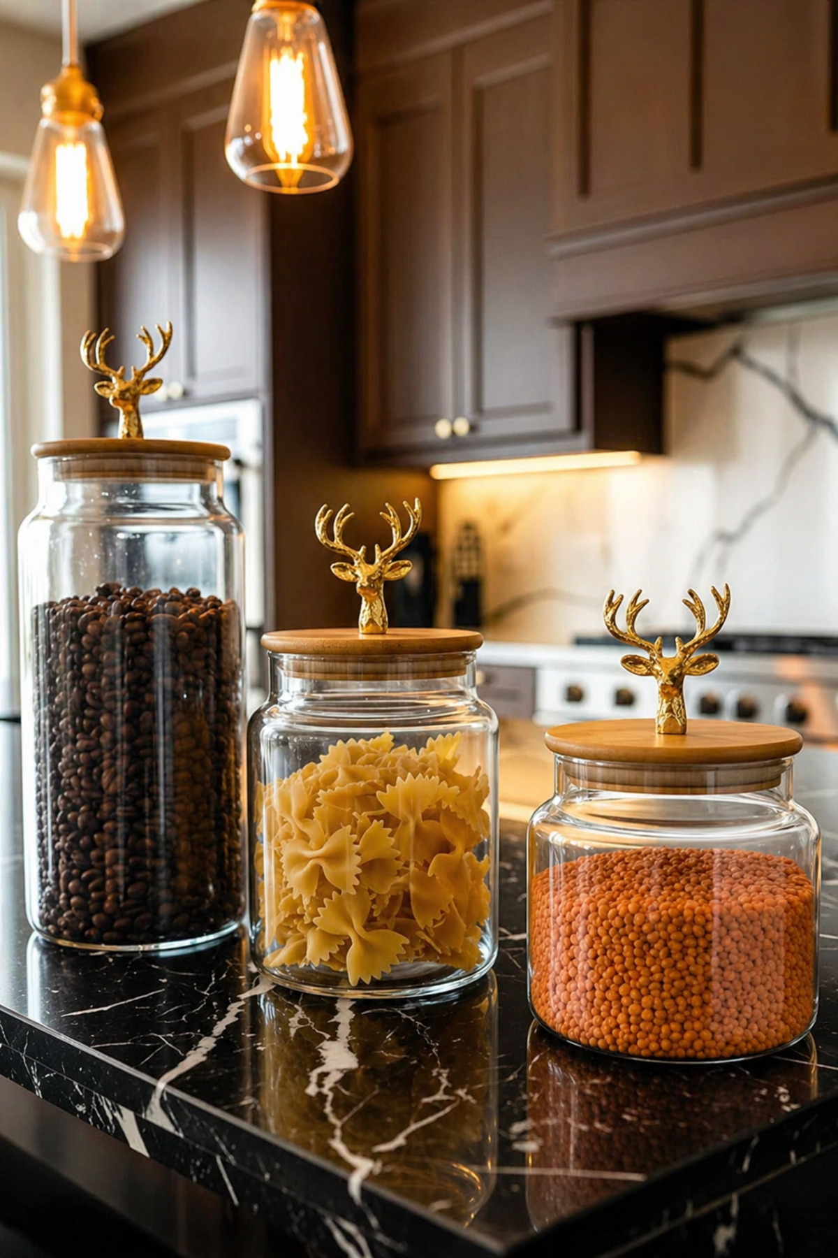 3-Piece Bamboo Lid Metal Deer Transparent Glass Jar Transparent Glass Storage Container 635/890/1400ml